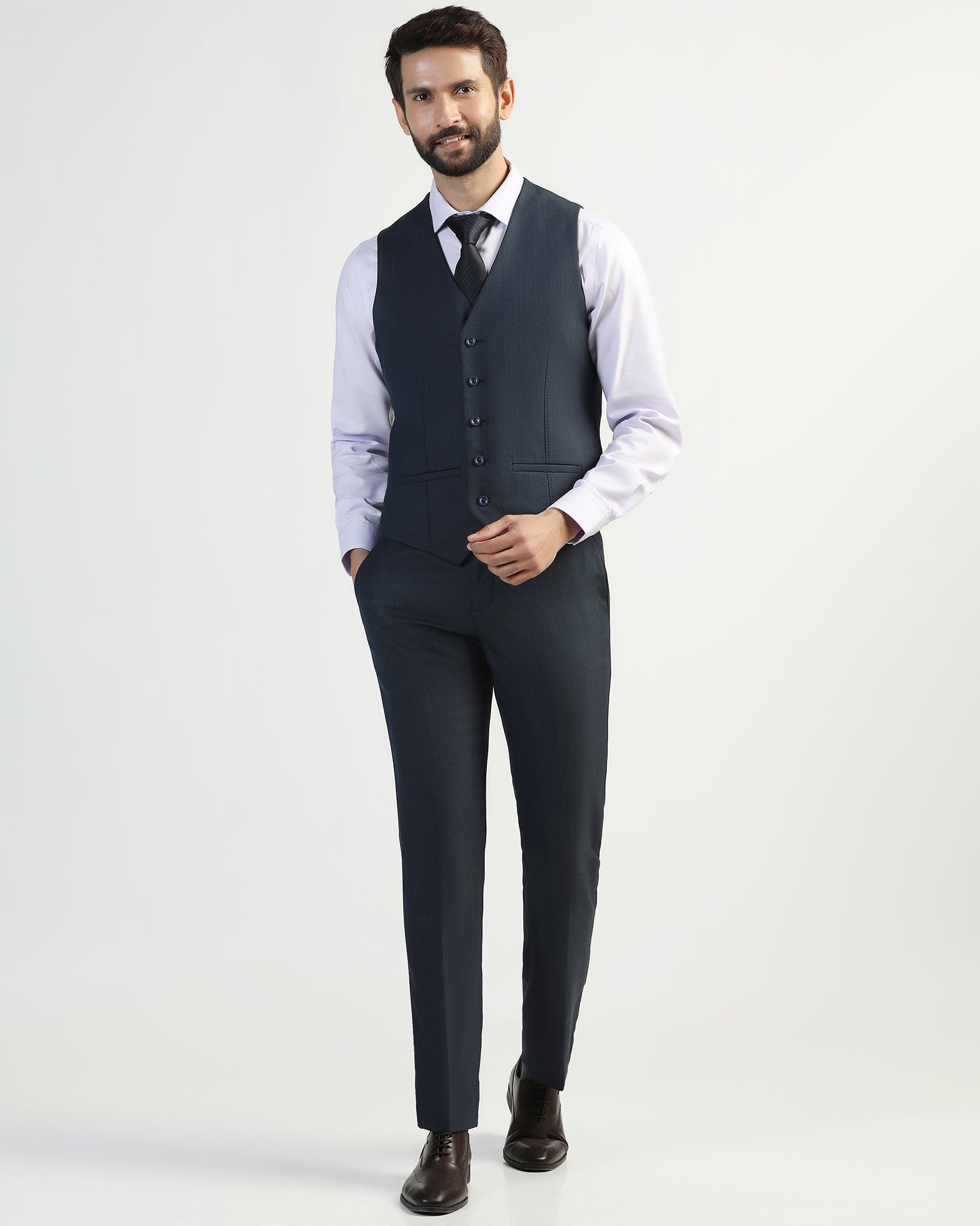 Three Piece Navy Textured Formal Suit - Kepner