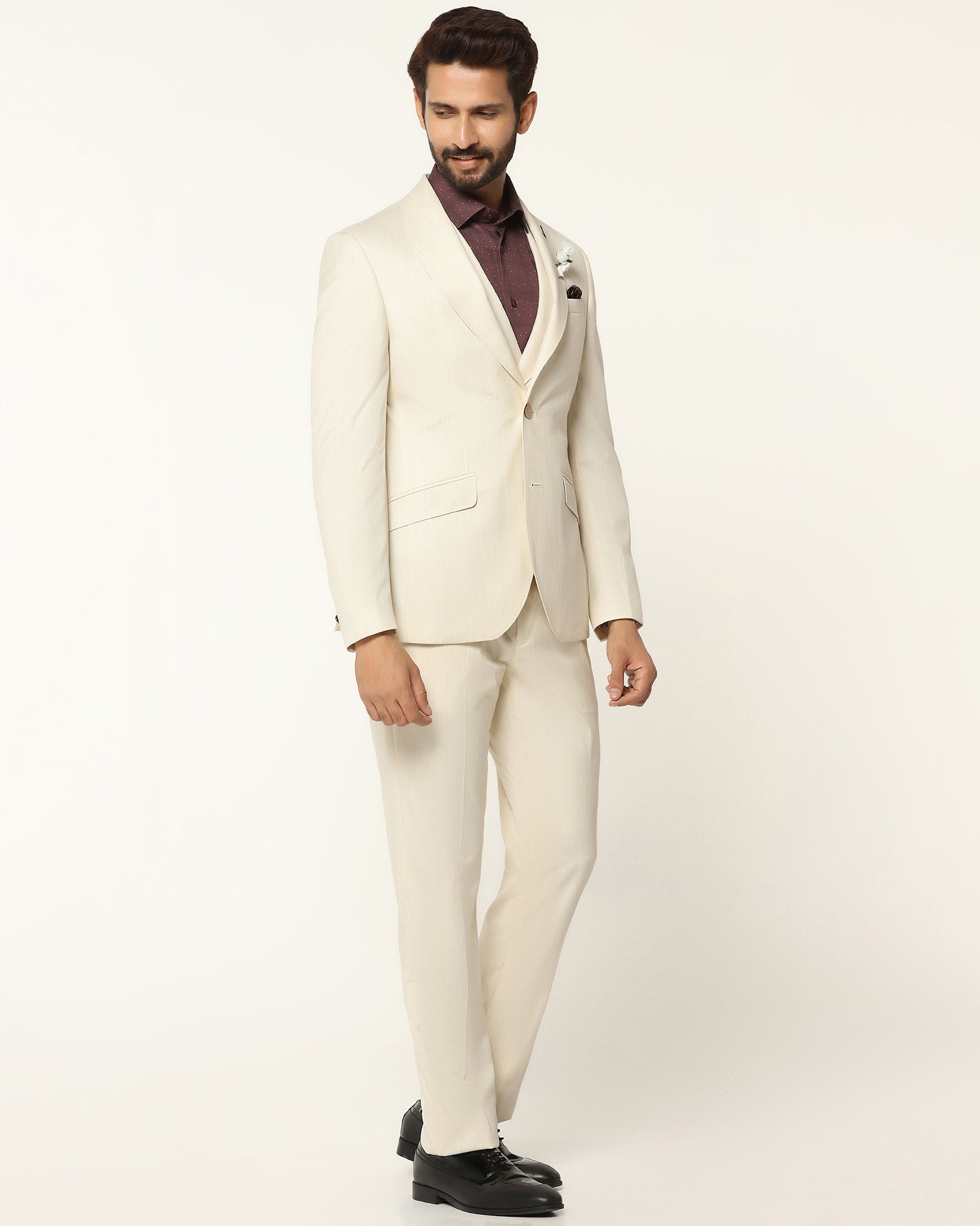 Three Piece Off White Textured Formal Suit - Steddle
