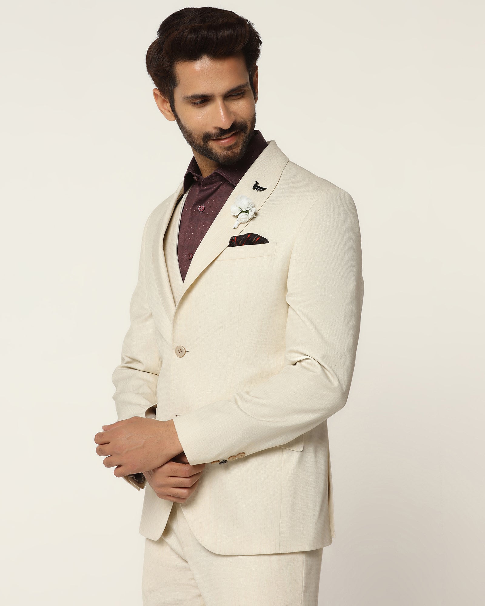 Three Piece Off White Textured Formal Suit - Steddle