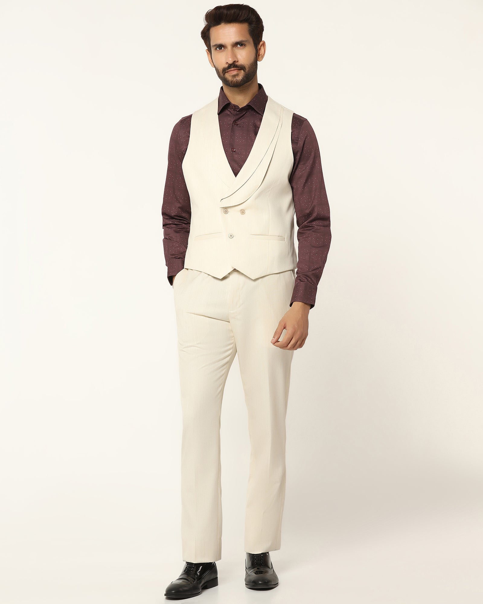 Three Piece Off White Textured Formal Suit - Steddle