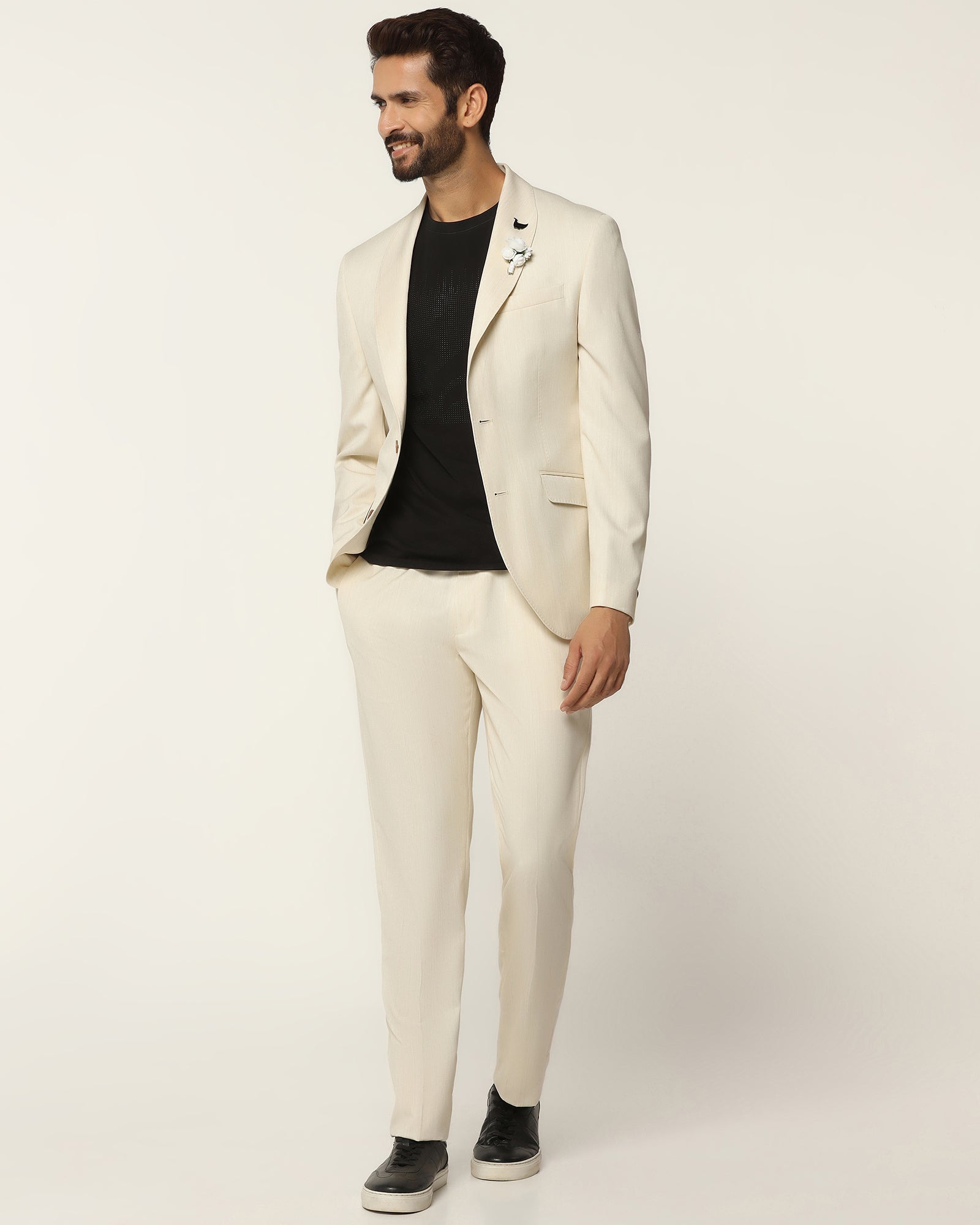 Three Piece Off White Textured Formal Suit - Steddle