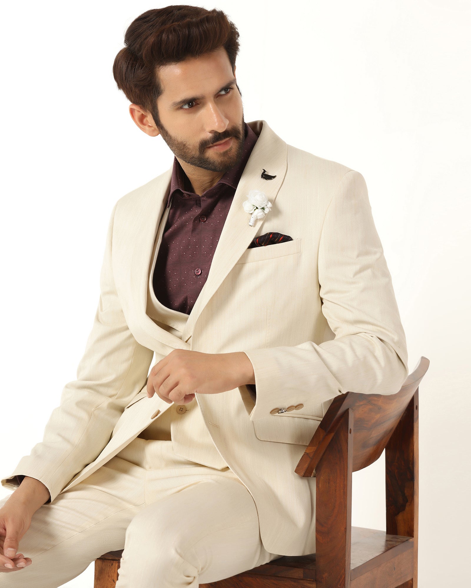 Three Piece Off White Textured Formal Suit - Steddle