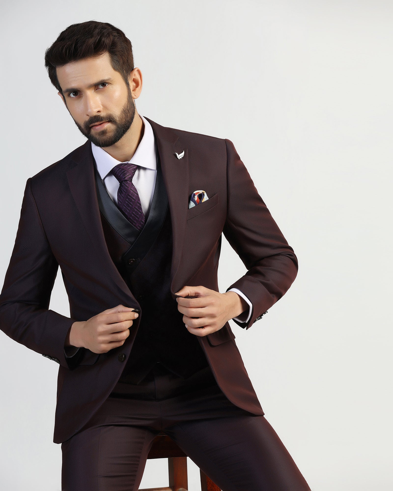Three Piece Purple Textured Formal Suit - Helter