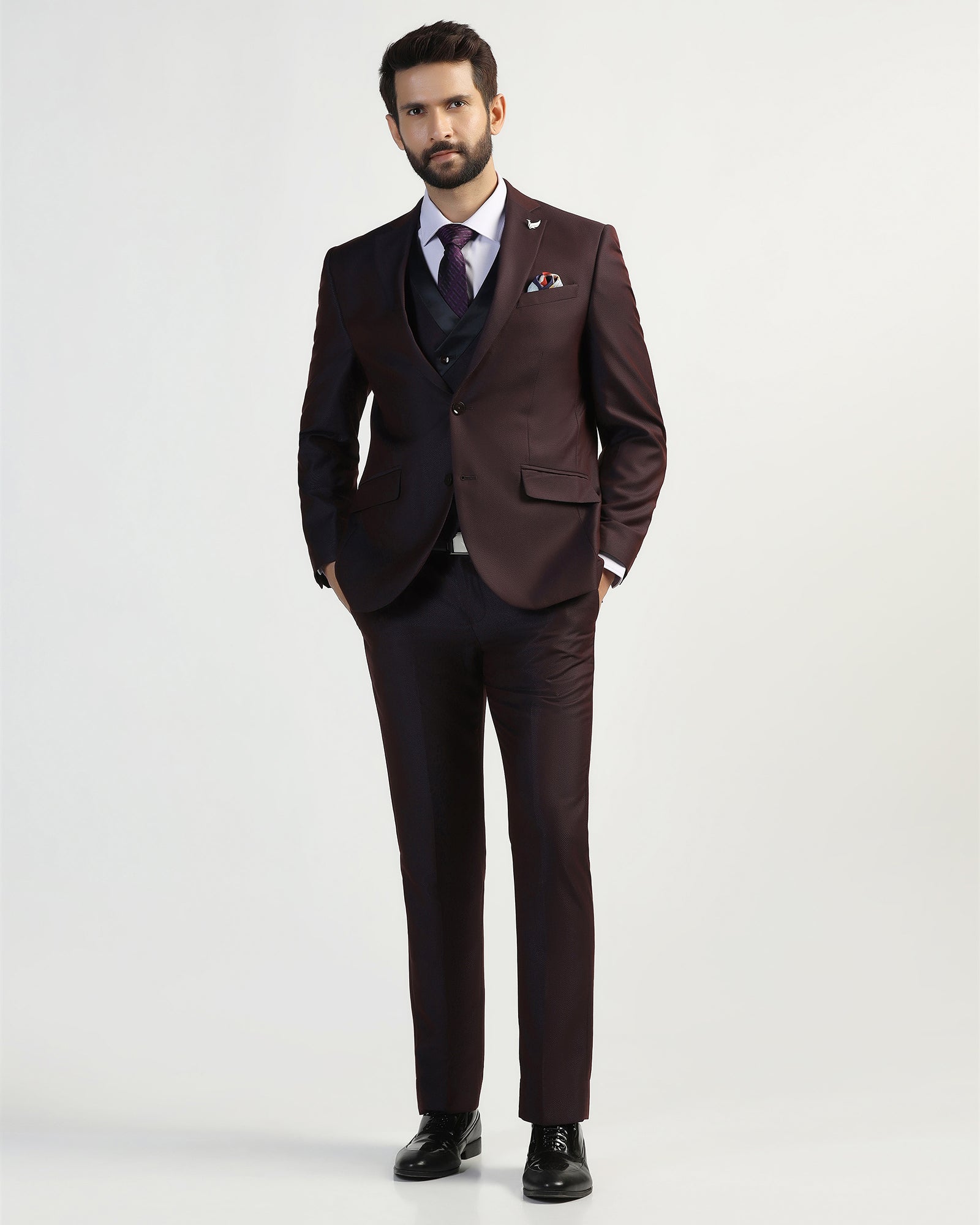 Three Piece Purple Textured Formal Suit - Helter