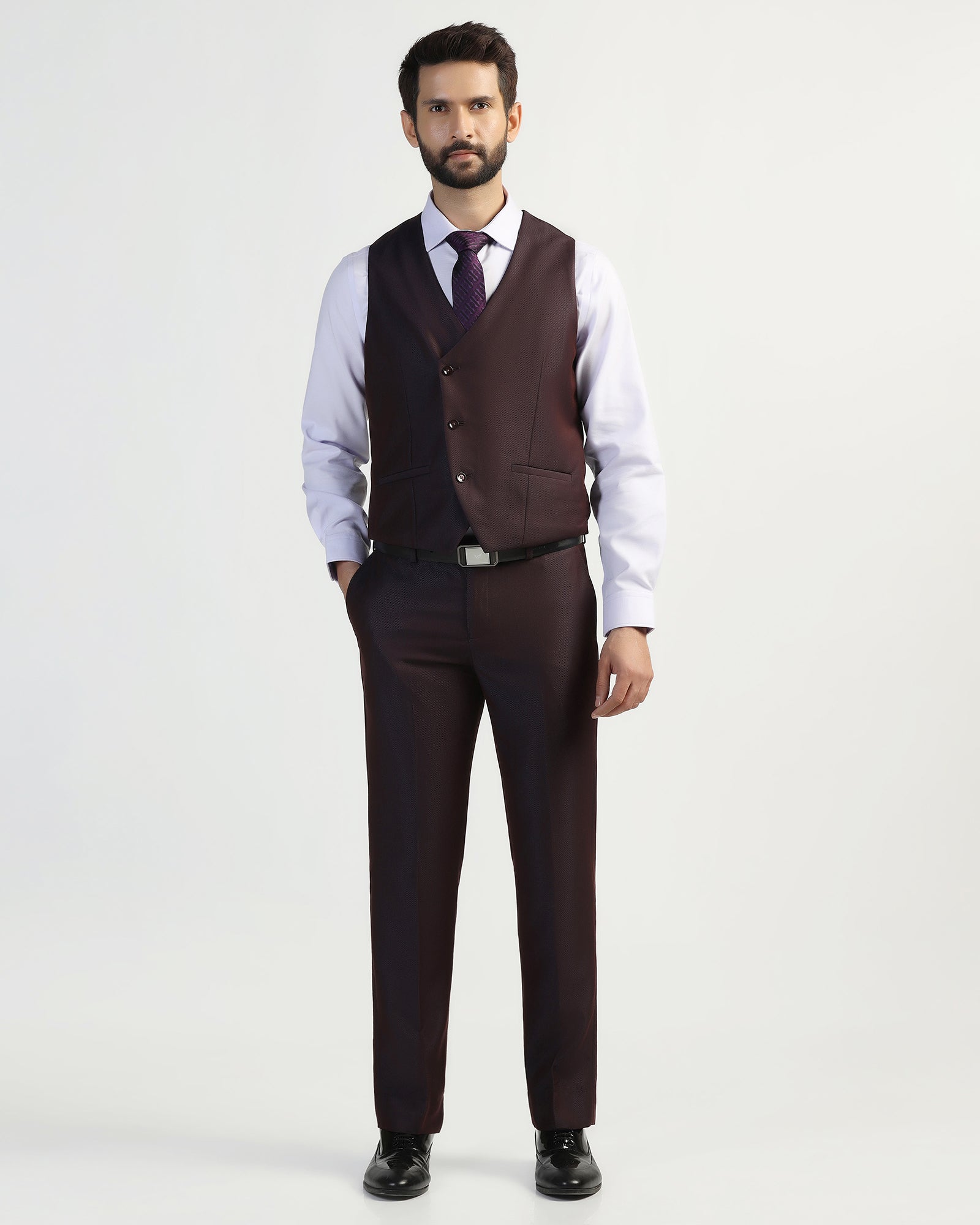Three Piece Purple Textured Formal Suit - Helter