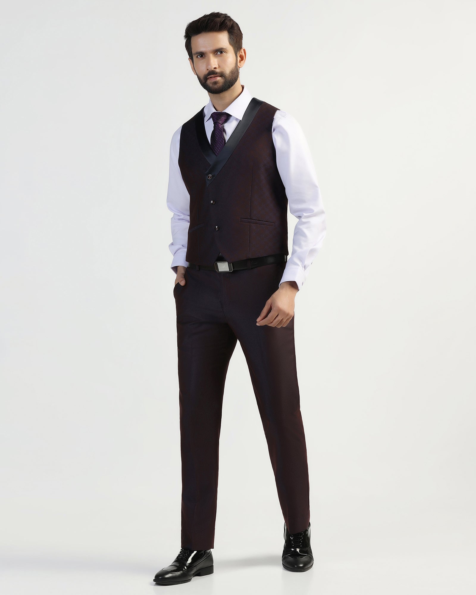 Three Piece Purple Textured Formal Suit - Helter