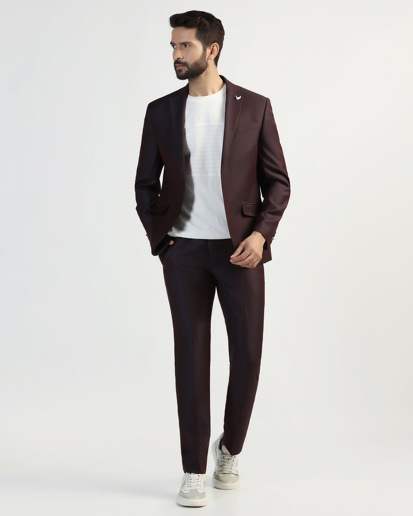 Three Piece Purple Textured Formal Suit - Helter