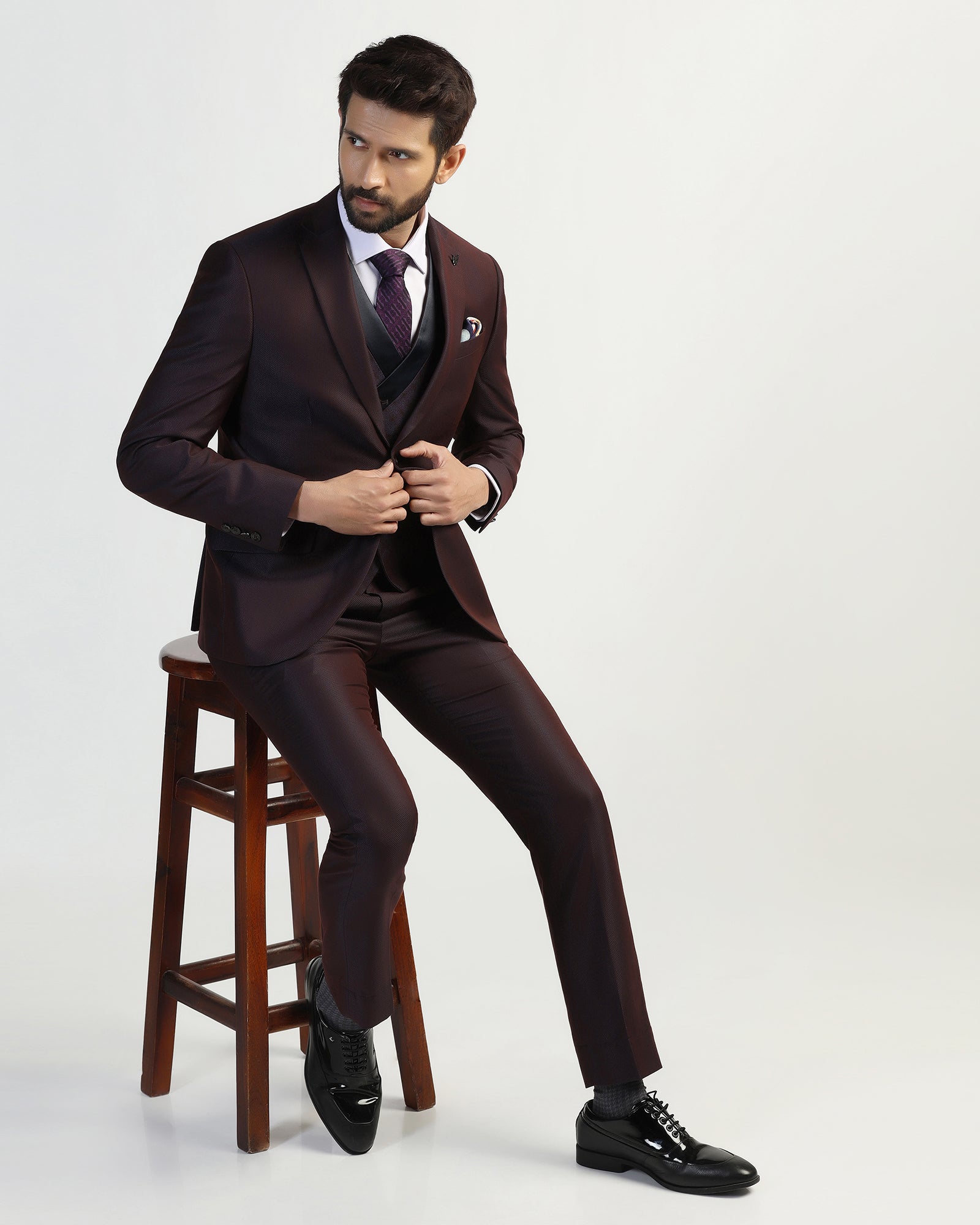 Three Piece Purple Textured Formal Suit - Helter