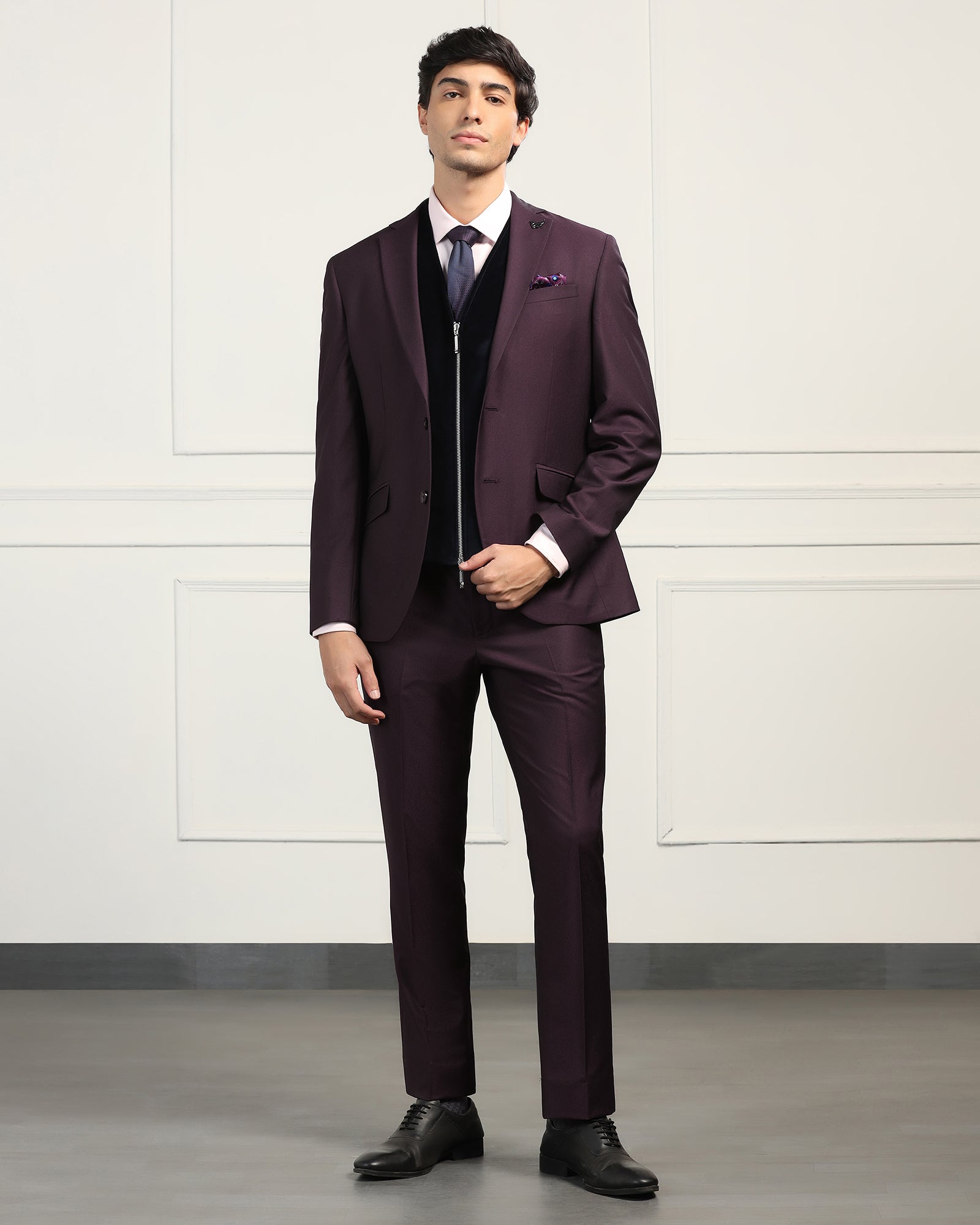 Three Piece Wine Textured Formal Suit - Inigo