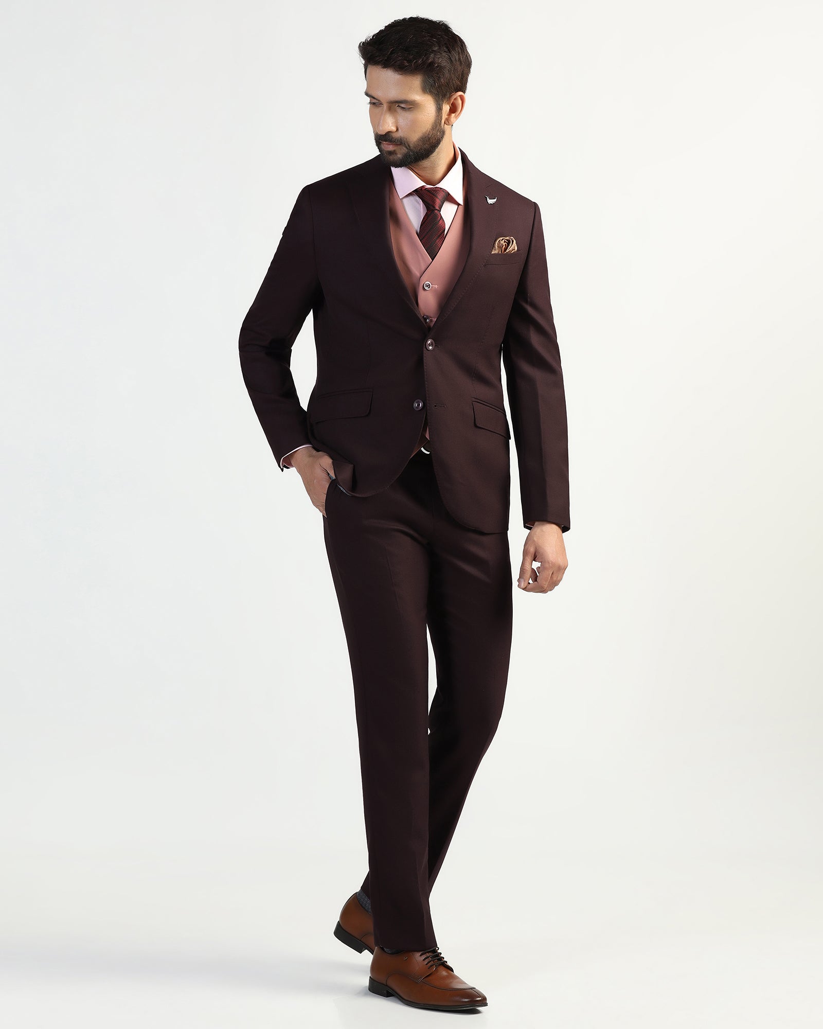 Three Piece Wine Textured Formal Suit - Kepner