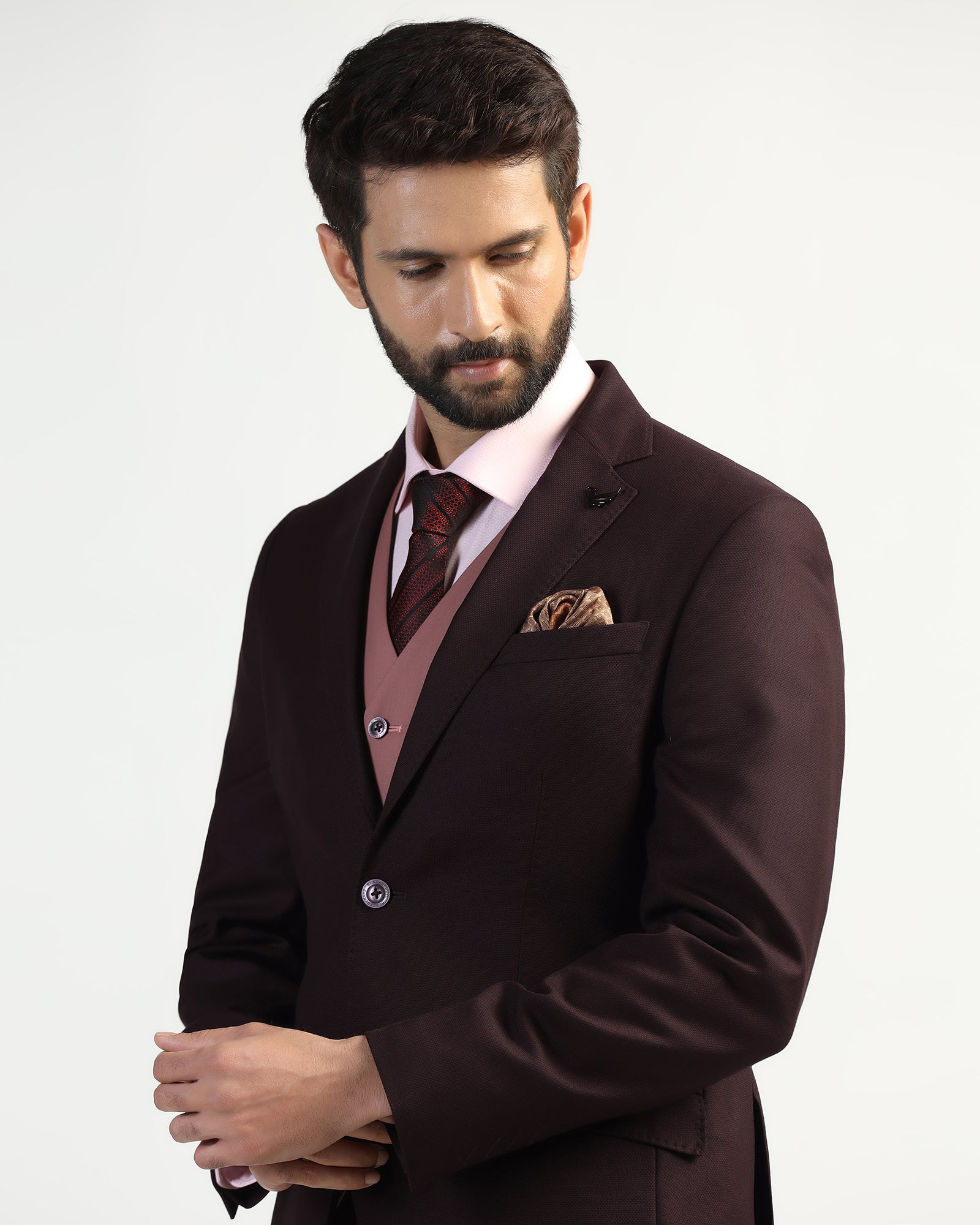 Three Piece Wine Textured Formal Suit - Kepner