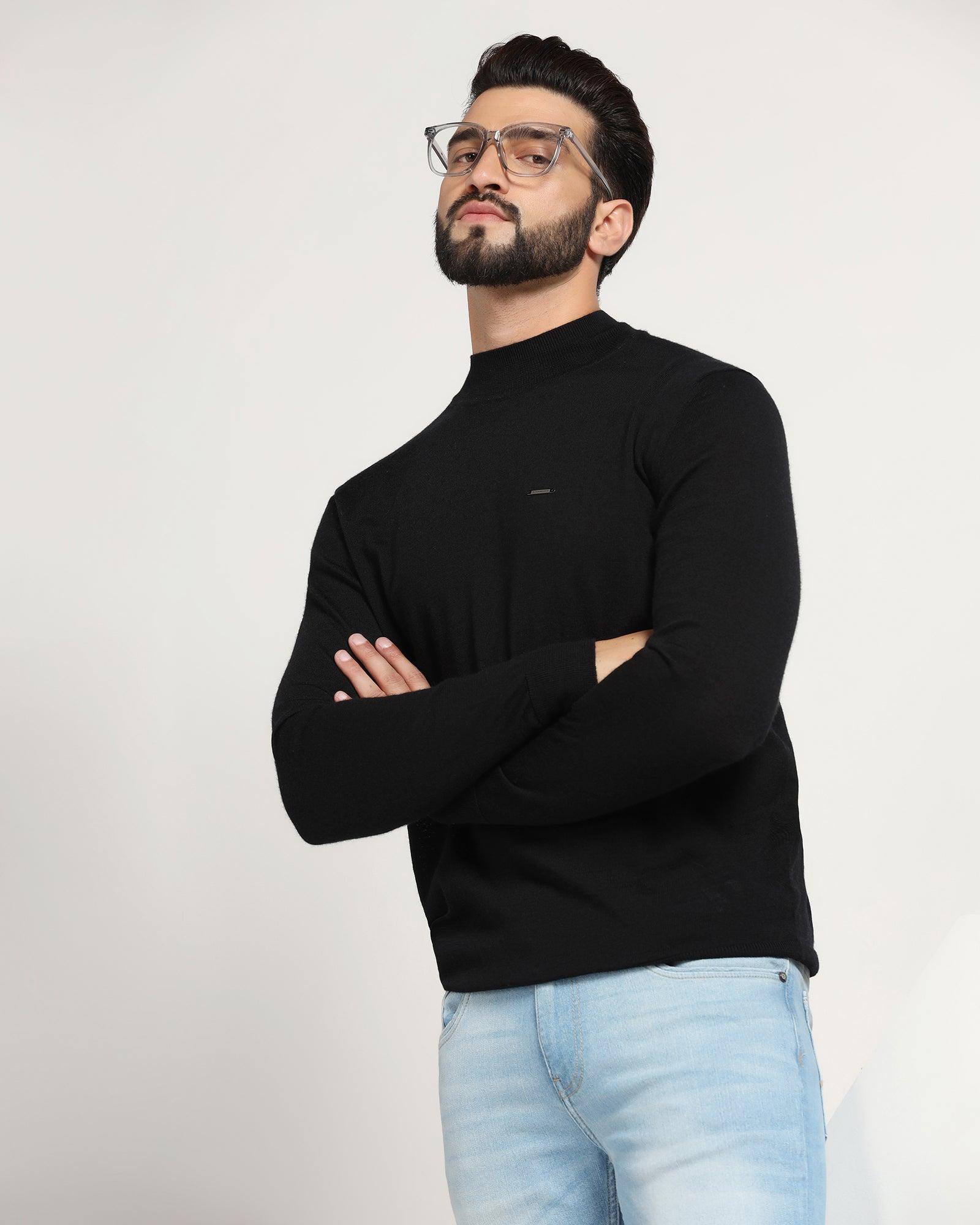 High Neck Black Solid Sweater - Jester - Blackberrys