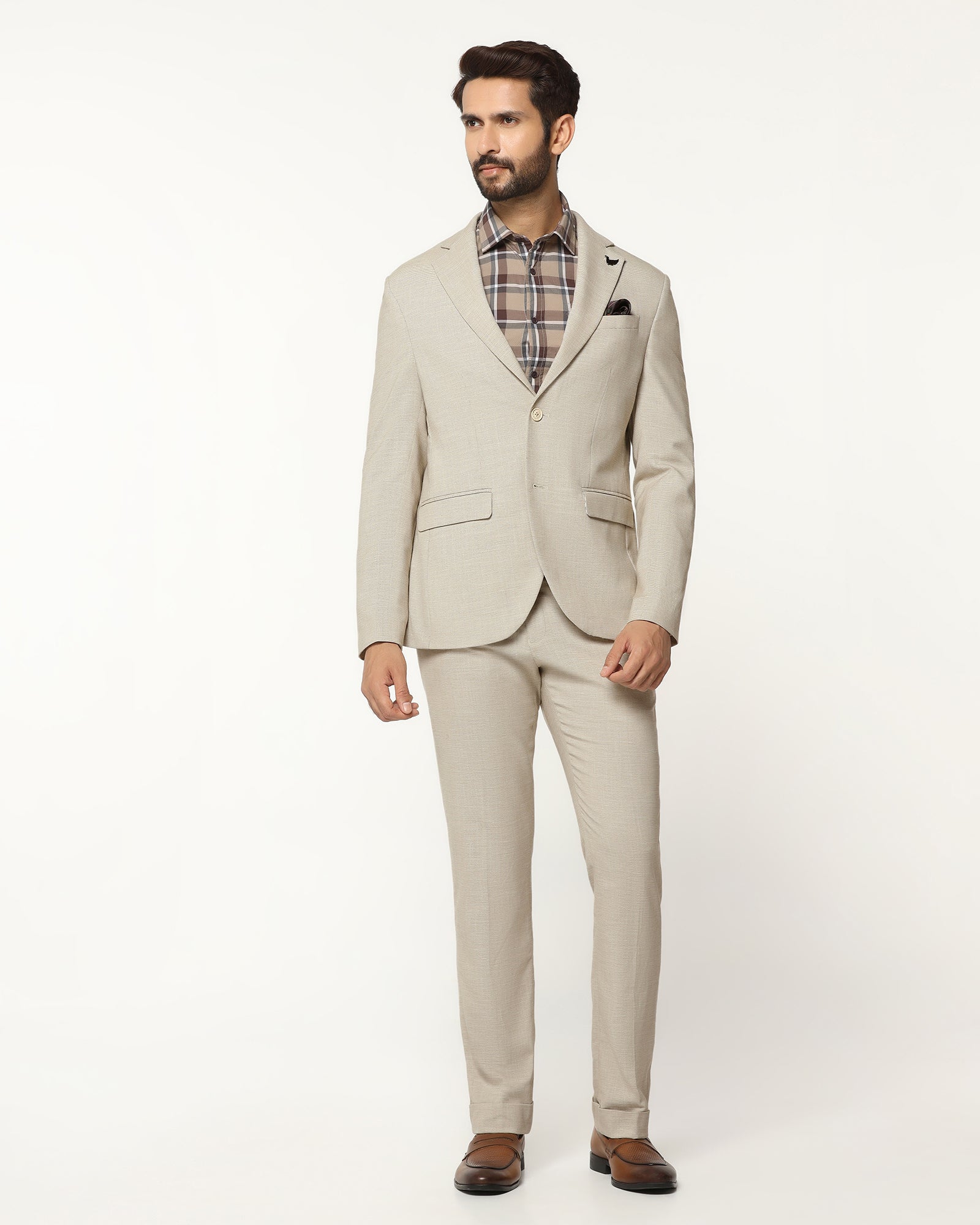 Two Piece Beige Textured Formal Suit - Orcus