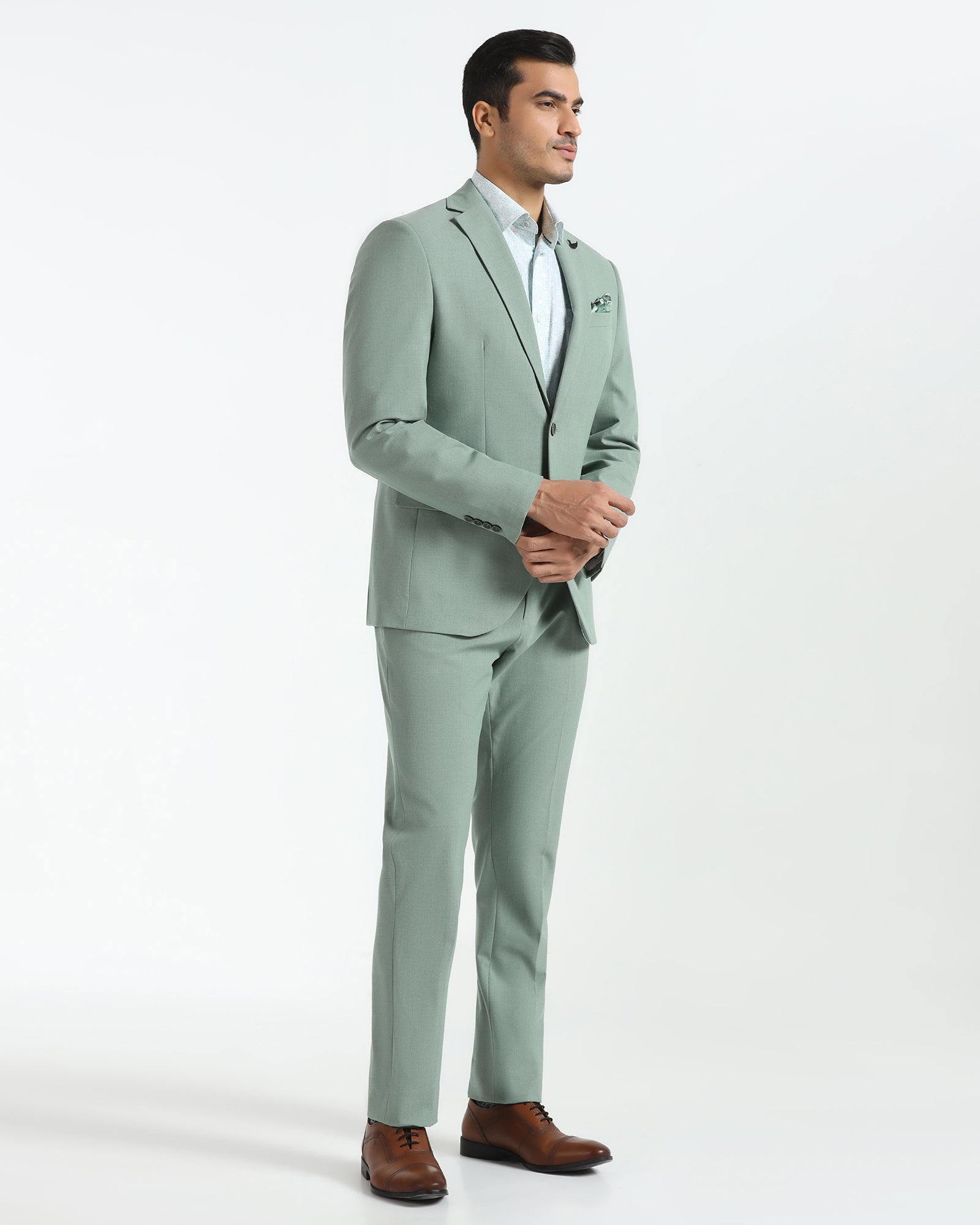 Two Piece Light Green Textured Formal Suit - Sedra