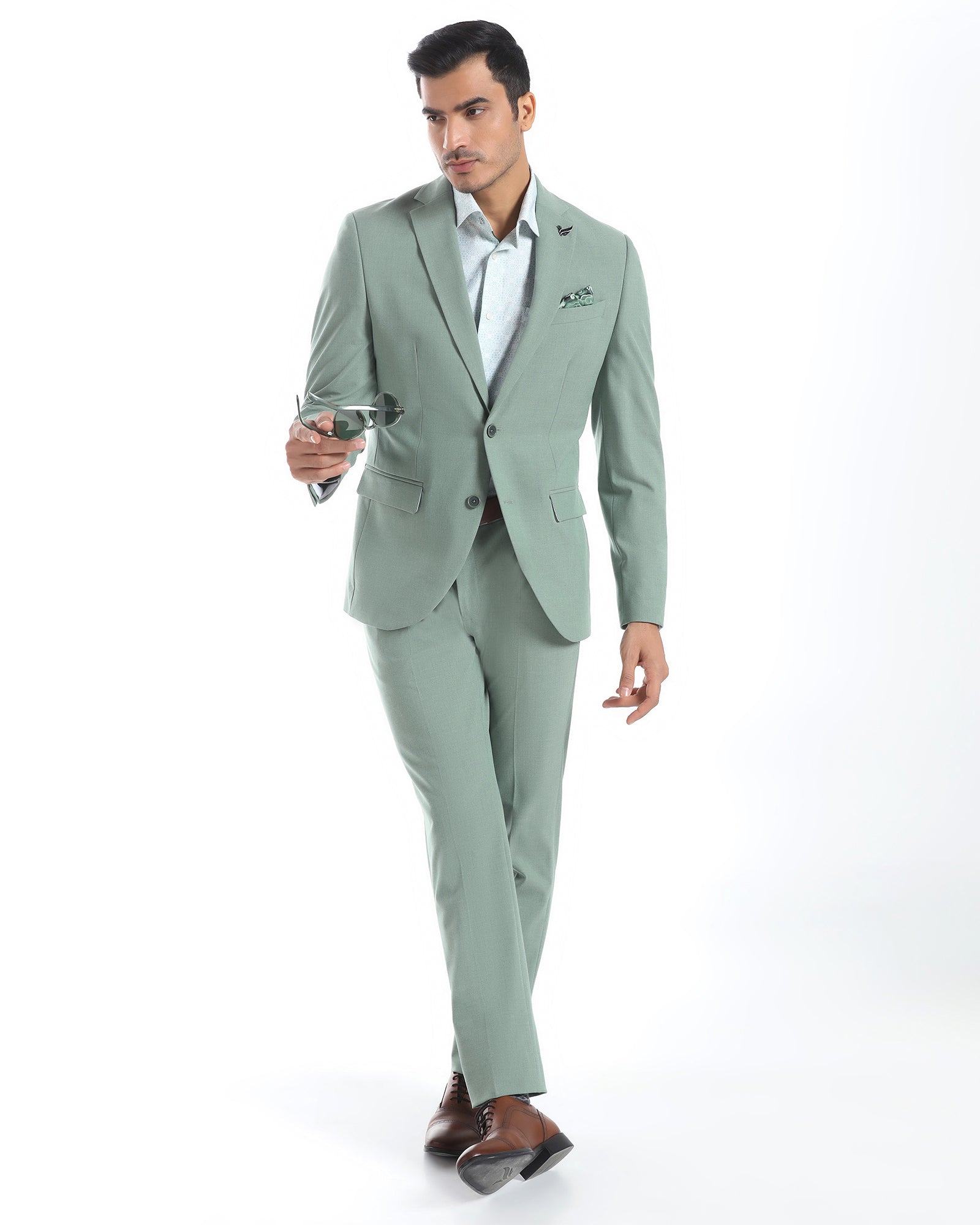 Two Piece Light Green Textured Formal Suit - Sedra