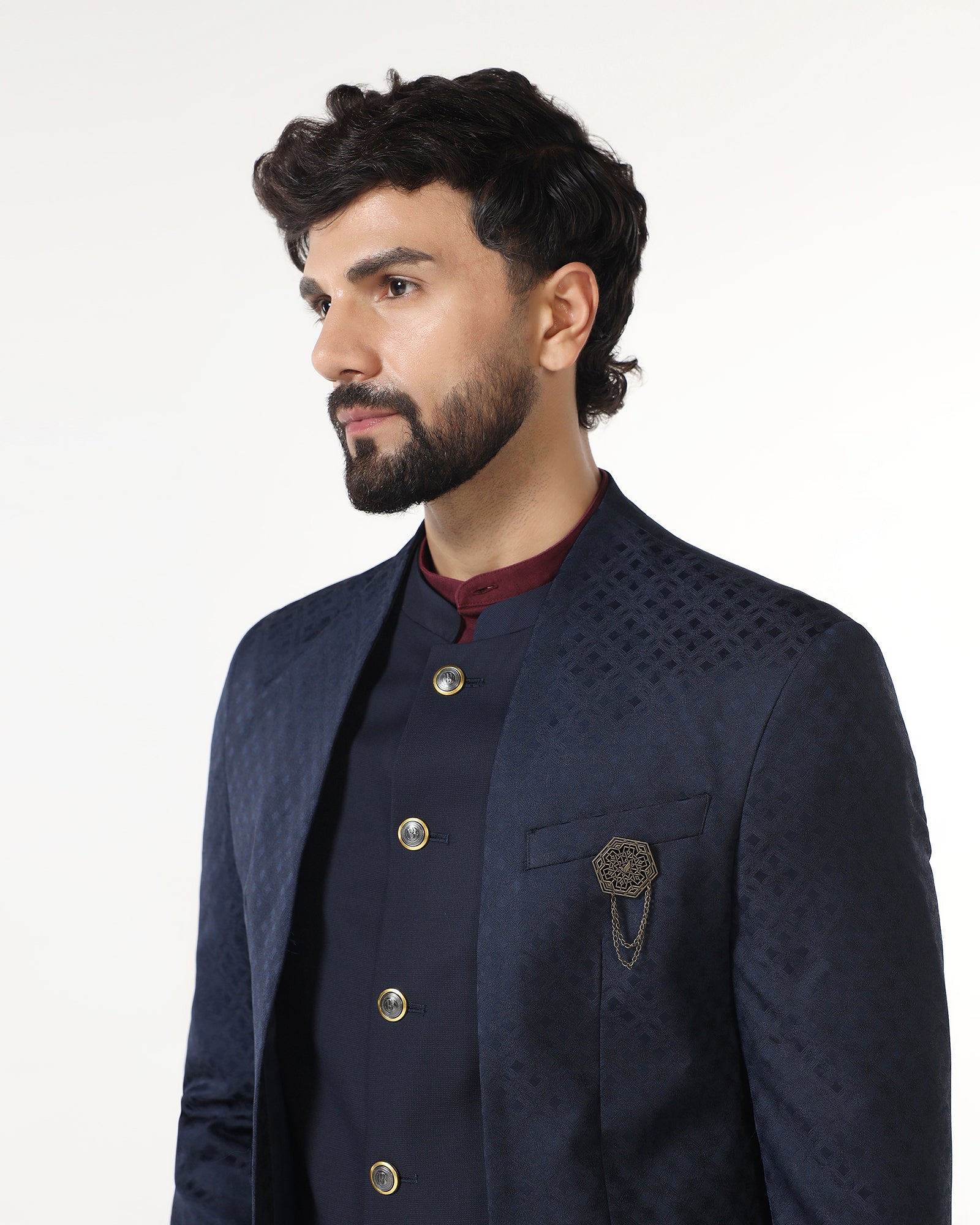 Two Piece Navy Jacquard Formal Suit - Palio