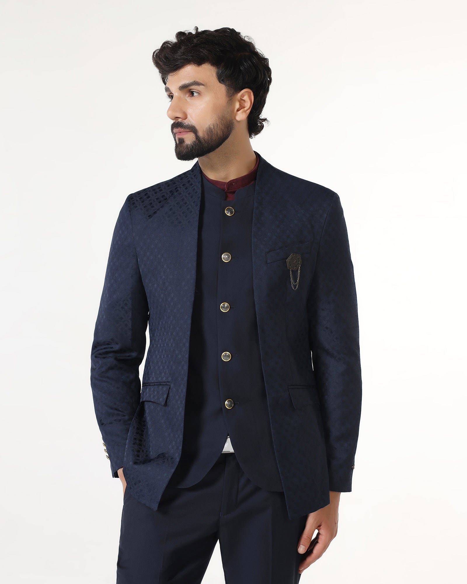 Two Piece Navy Jacquard Formal Suit - Palio