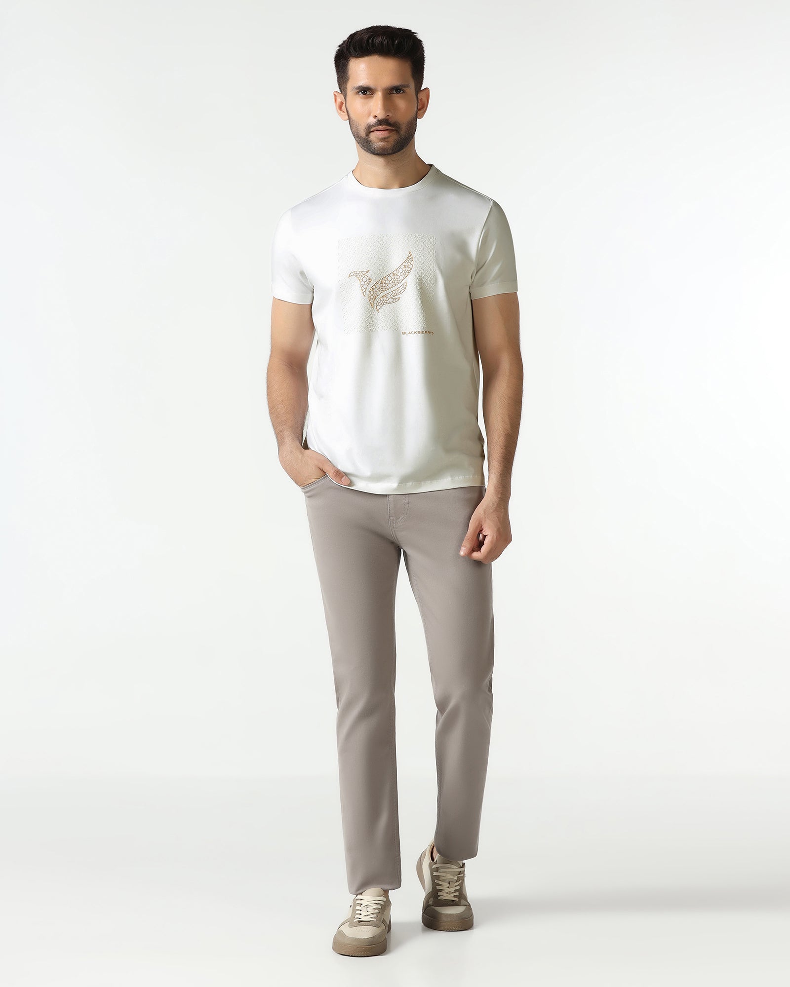 White Crew Neck Solid T-Shirt - Fly