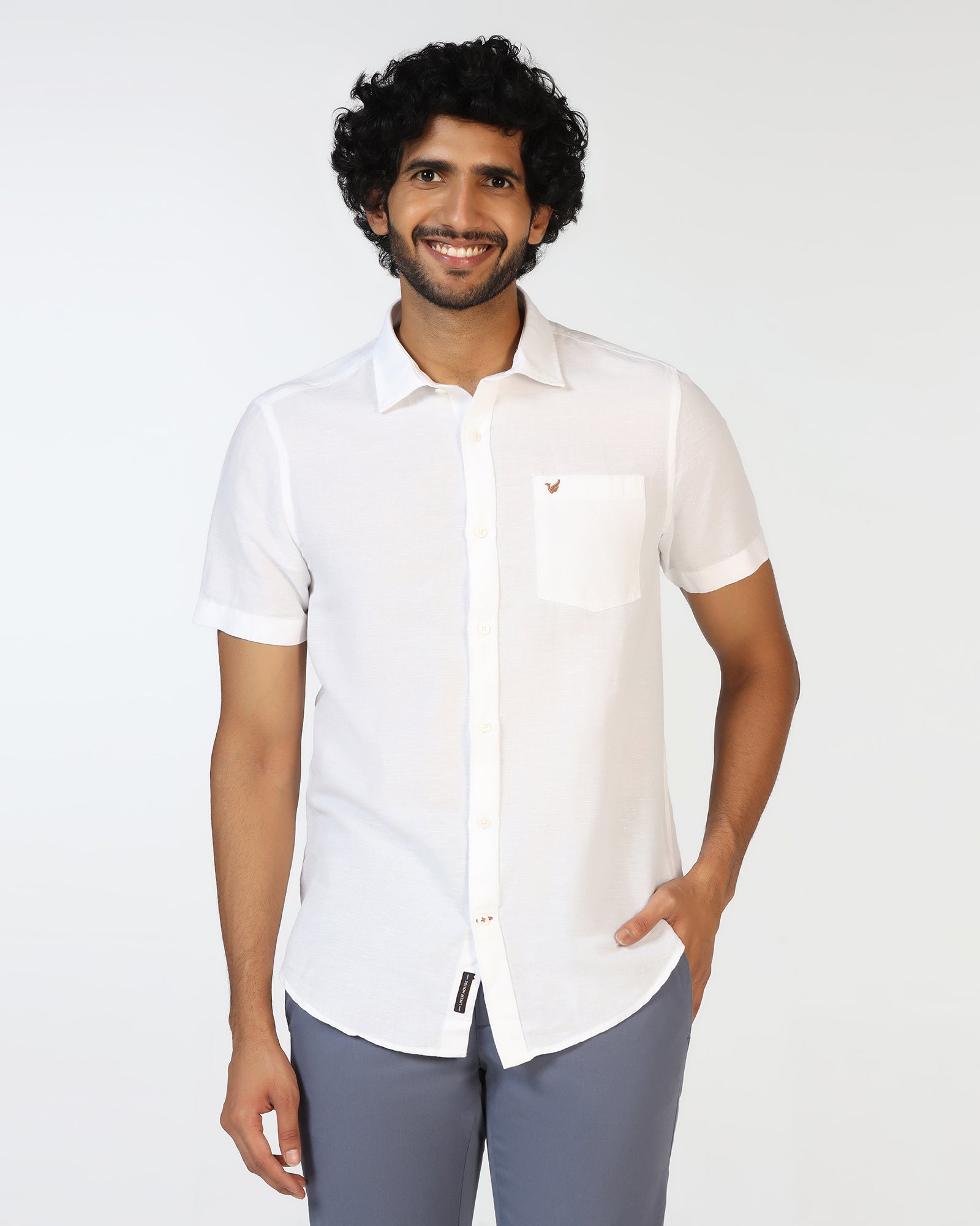White Half Sleeve Linen Solid Shirt - Salmon