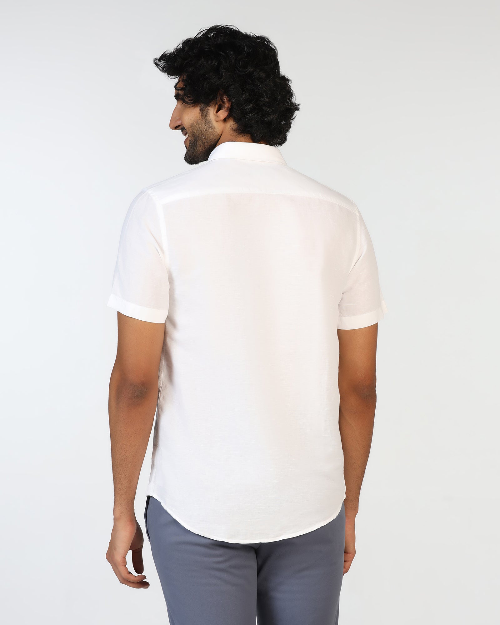 White Half Sleeve Linen Solid Shirt - Salmon