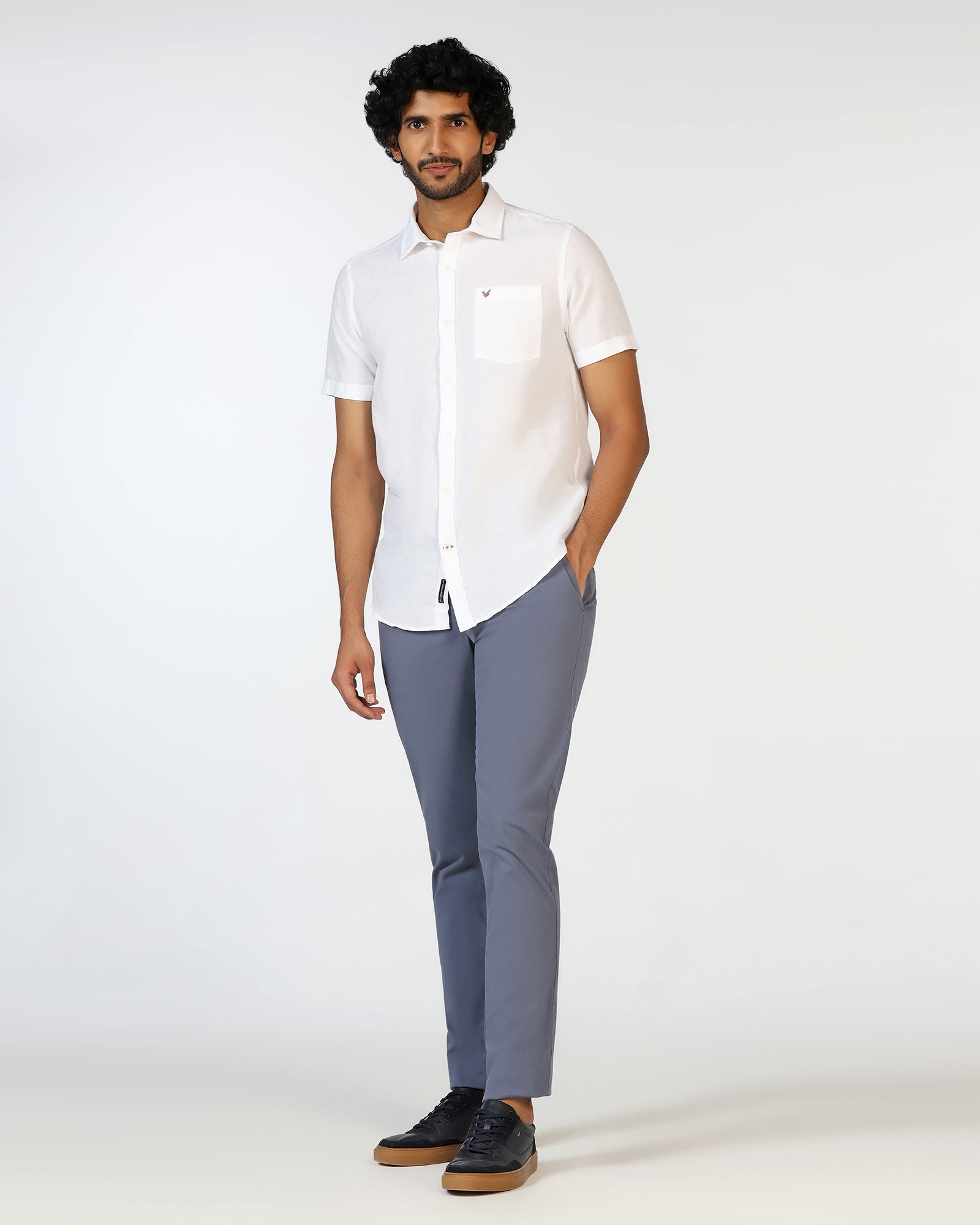 White Half Sleeve Linen Solid Shirt - Salmon