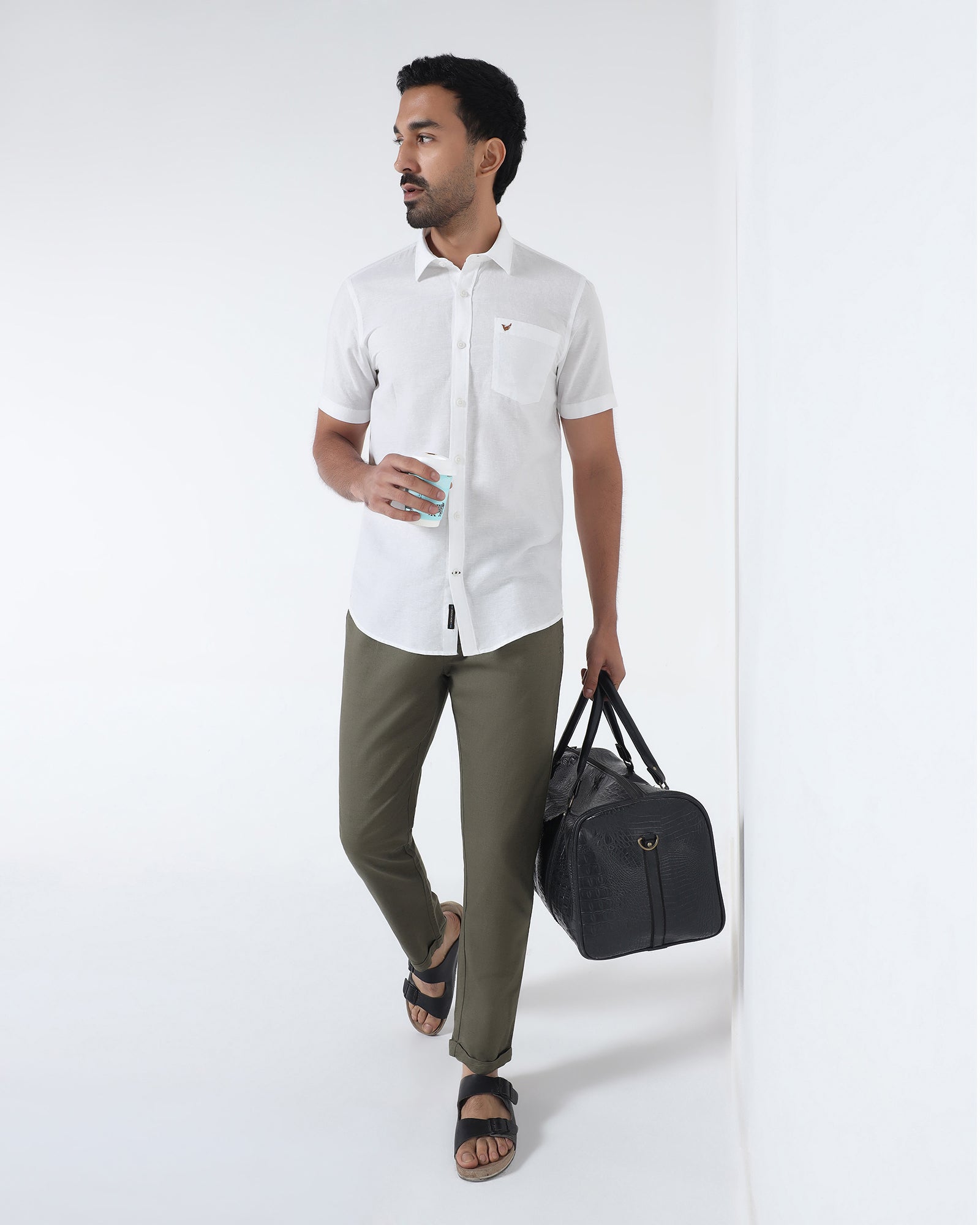 White Half Sleeve Linen Solid Shirt - Cleo