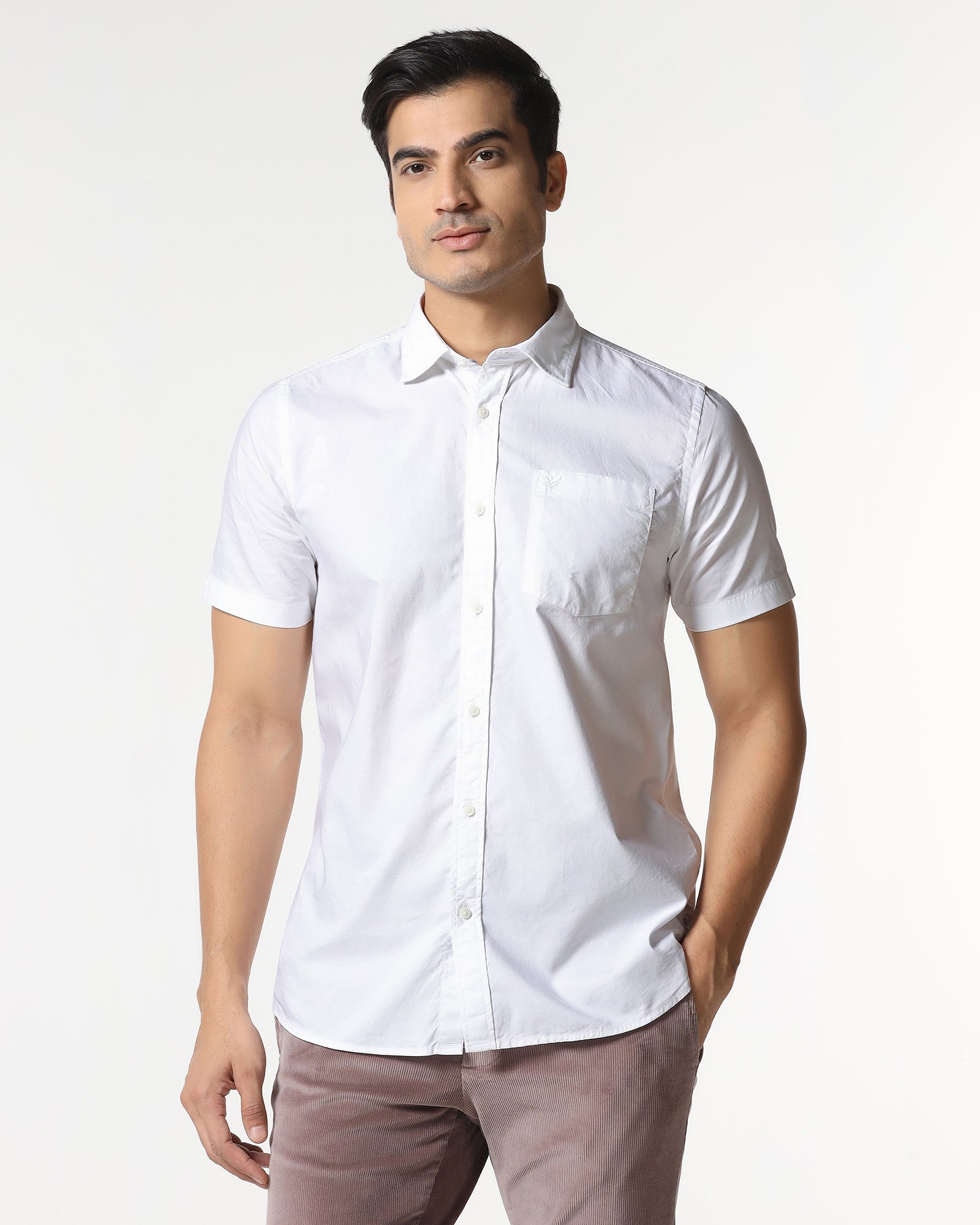 White Half Sleeve Solid Shirt - Trun
