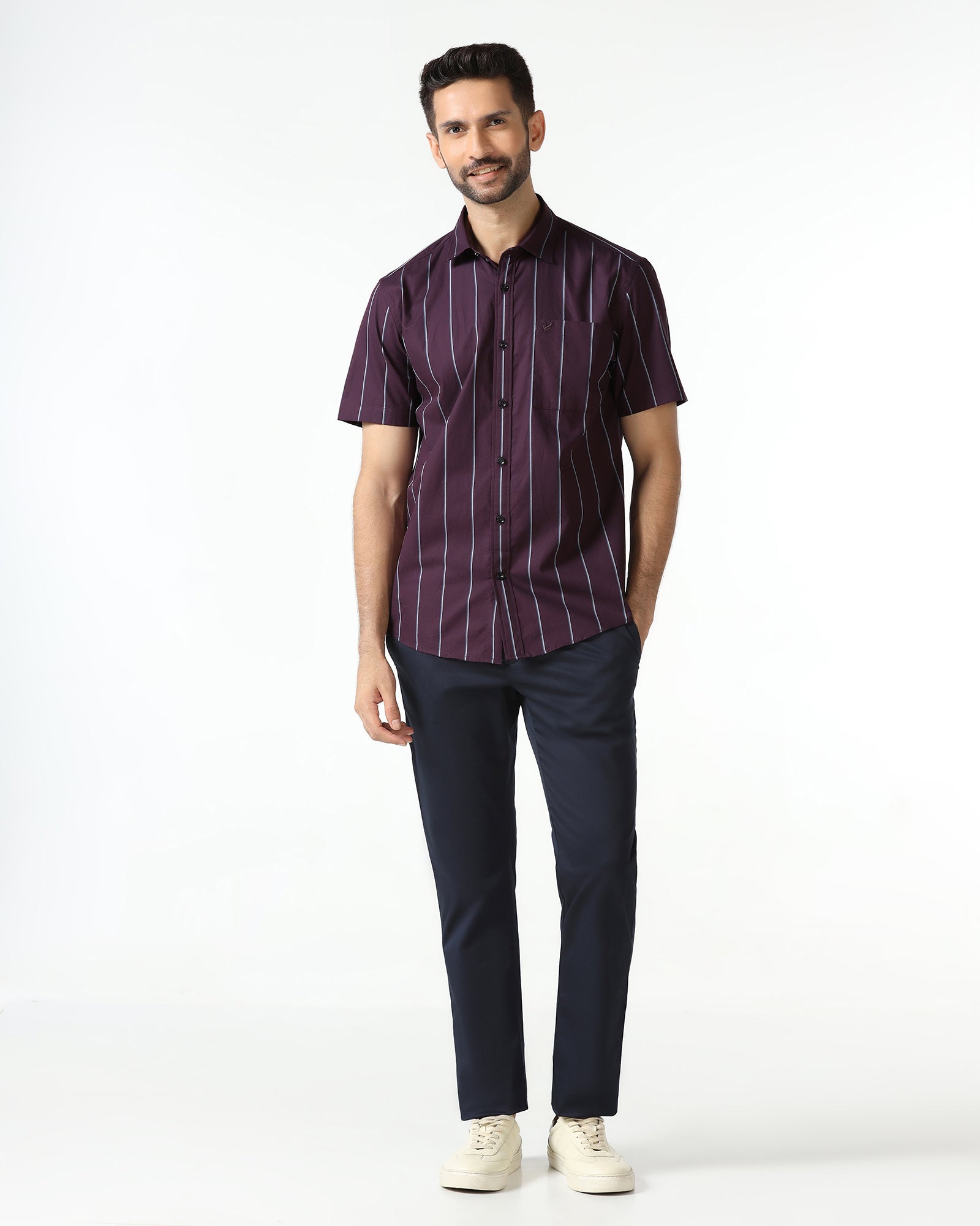 Wine Half Sleeve Stripe Shirt - Huon
