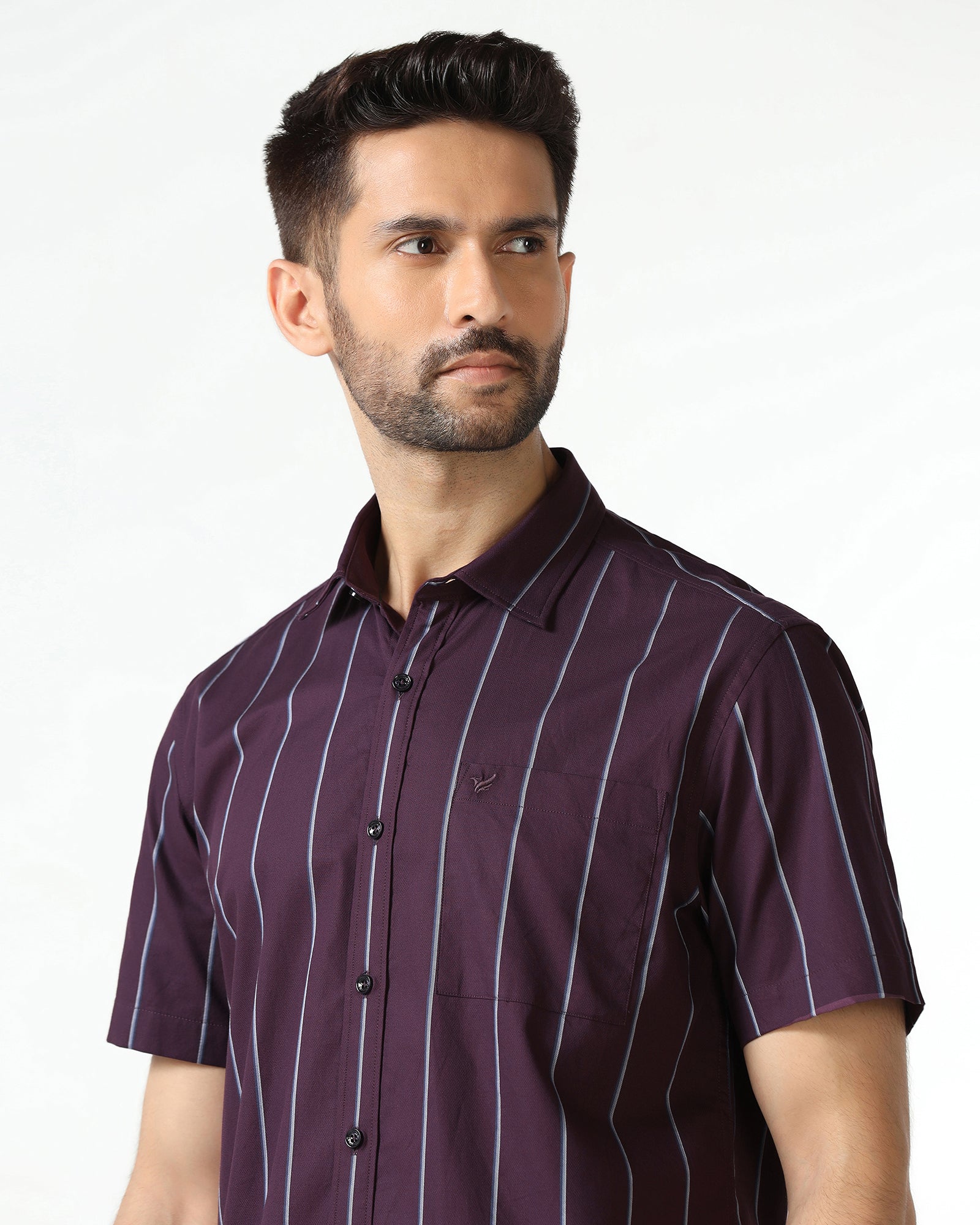 Wine Half Sleeve Stripe Shirt - Huon
