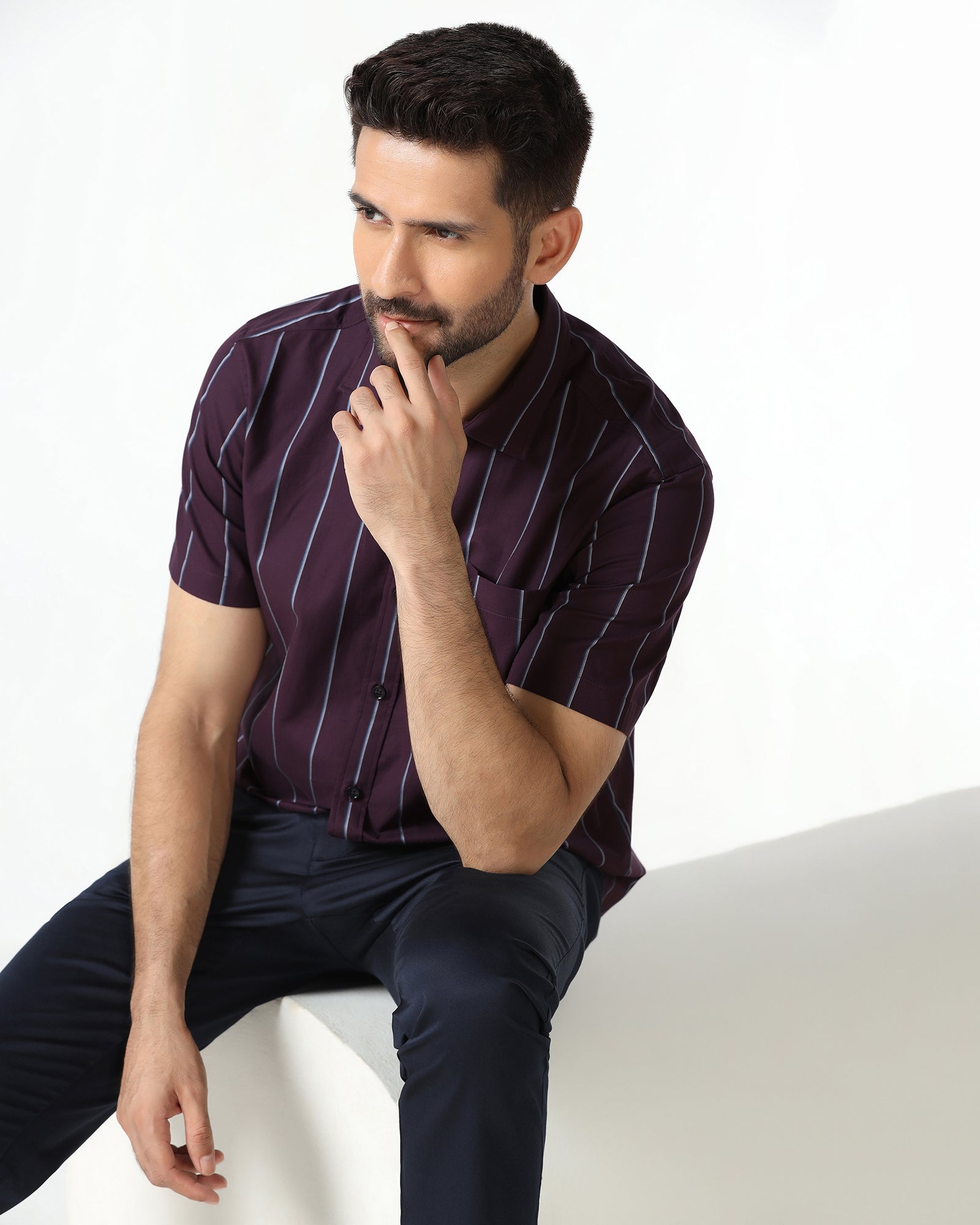 Wine Half Sleeve Stripe Shirt - Huon