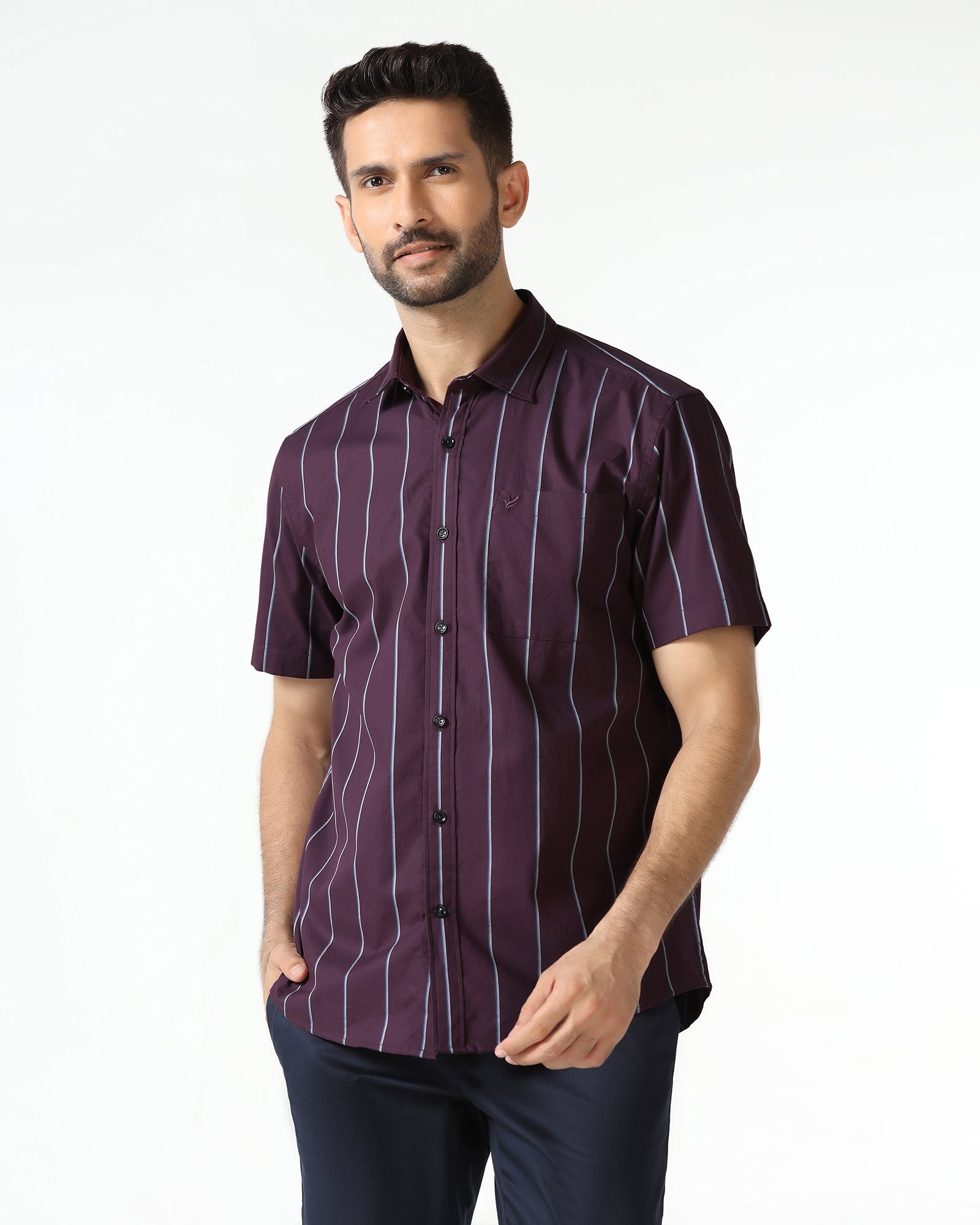Wine Half Sleeve Stripe Shirt - Huon