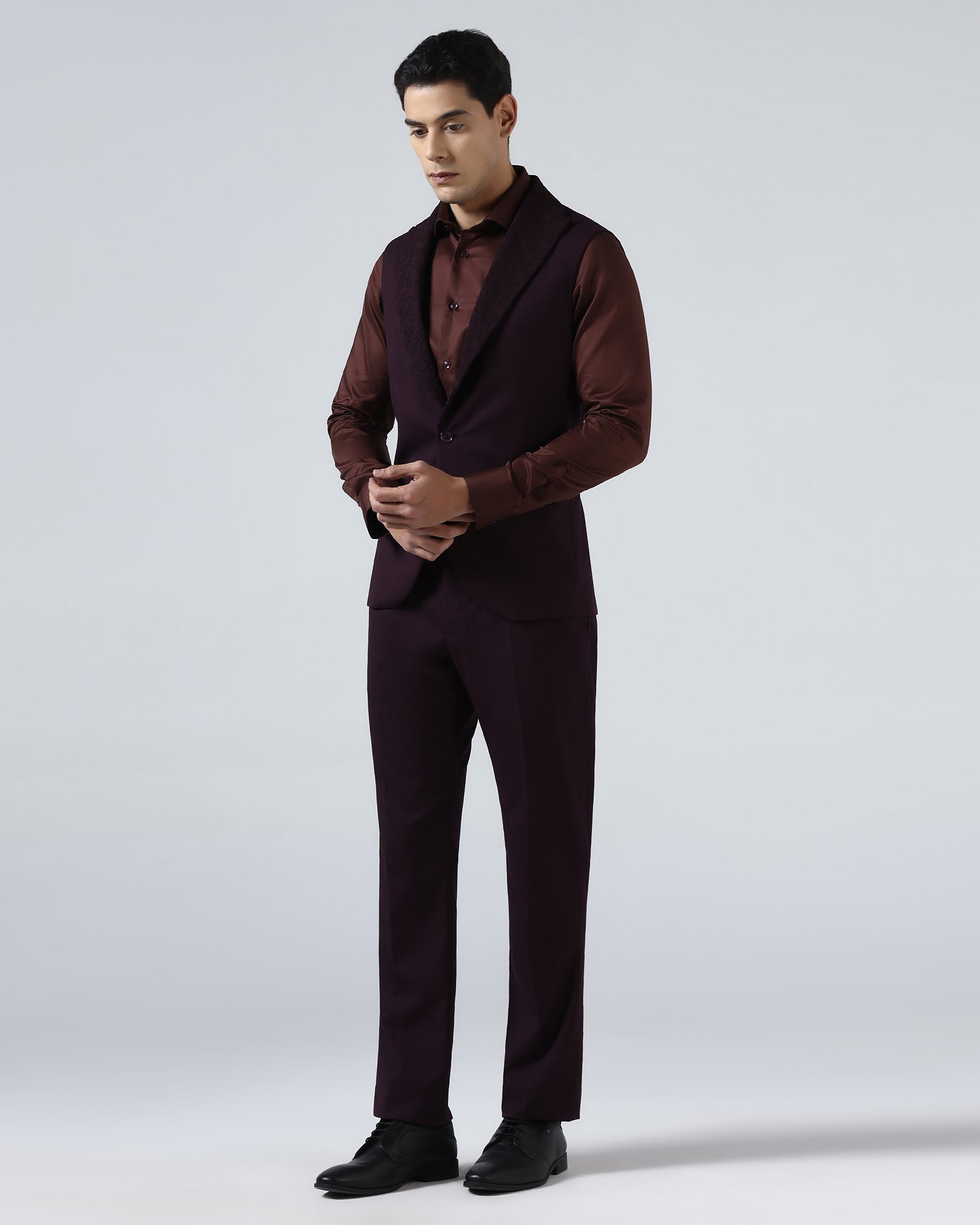 Wine Three Piece Solid Suit - Kerb