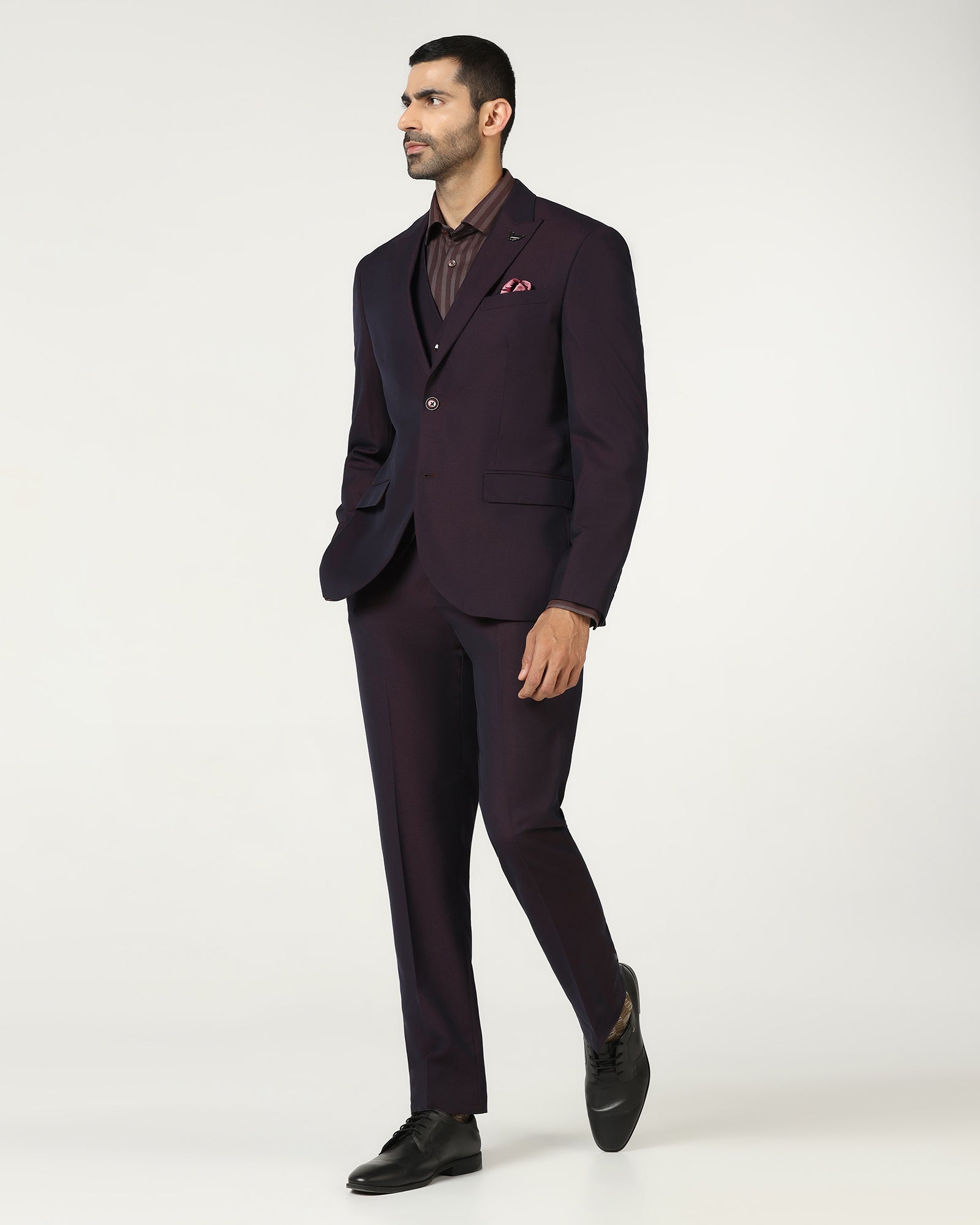 Wine Three Piece Textured Suit - Jiver