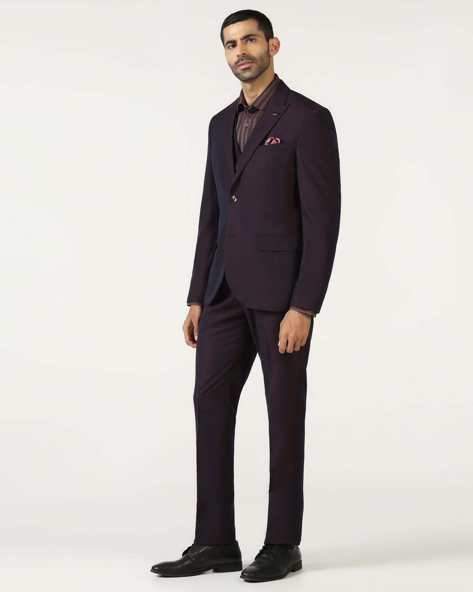 Wine Three Piece Textured Suit - Jiver