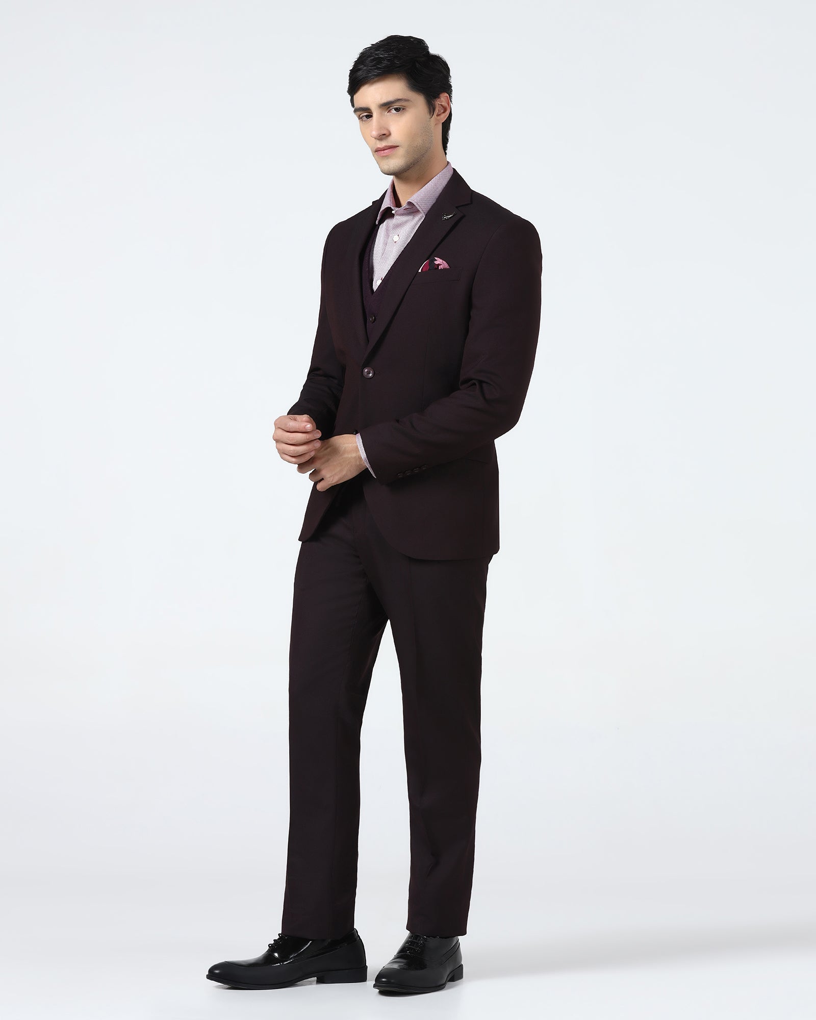 Wine Three Piece Textured Suit - Terrazo