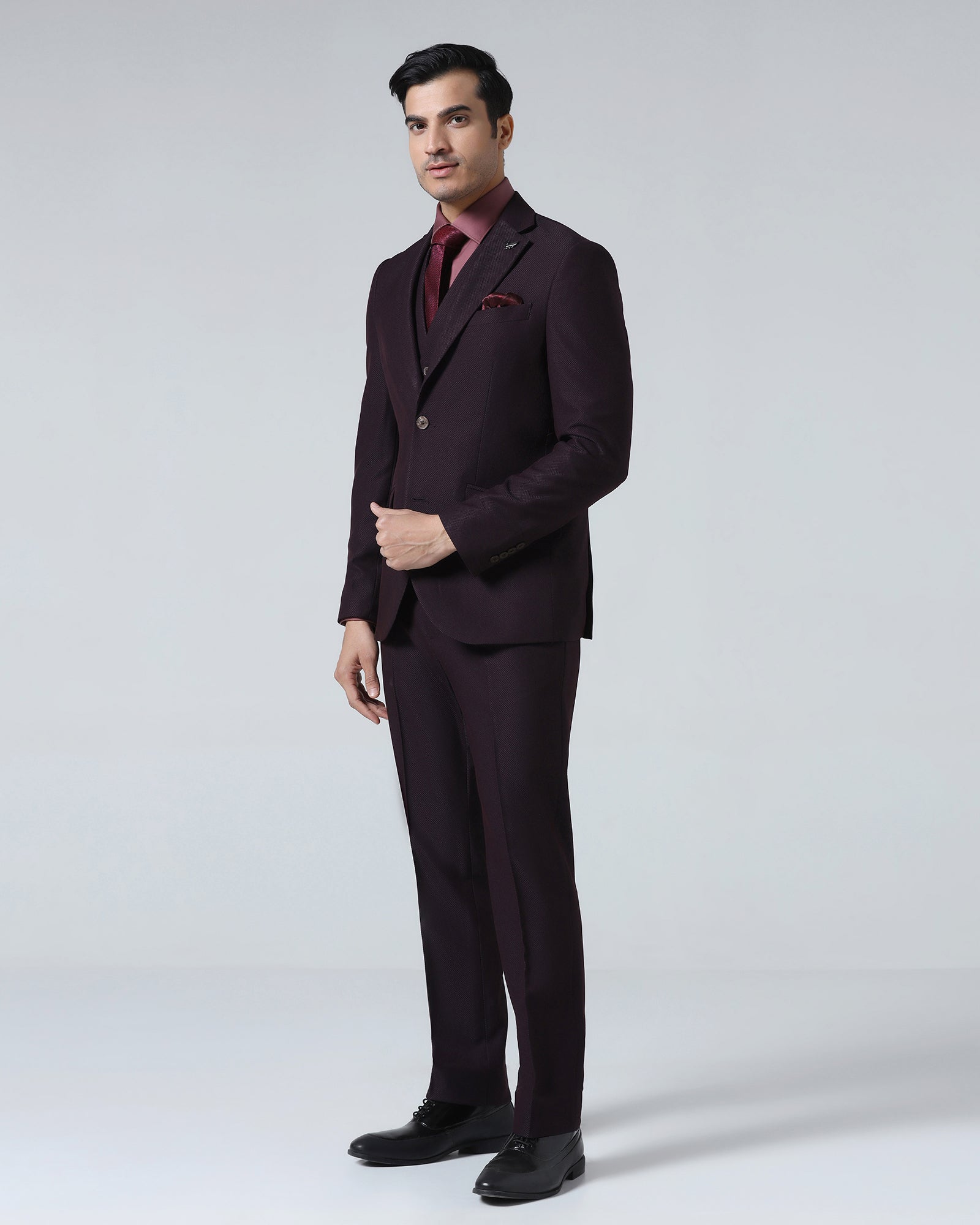 Wine Three Piece Textured Suit - Zeny