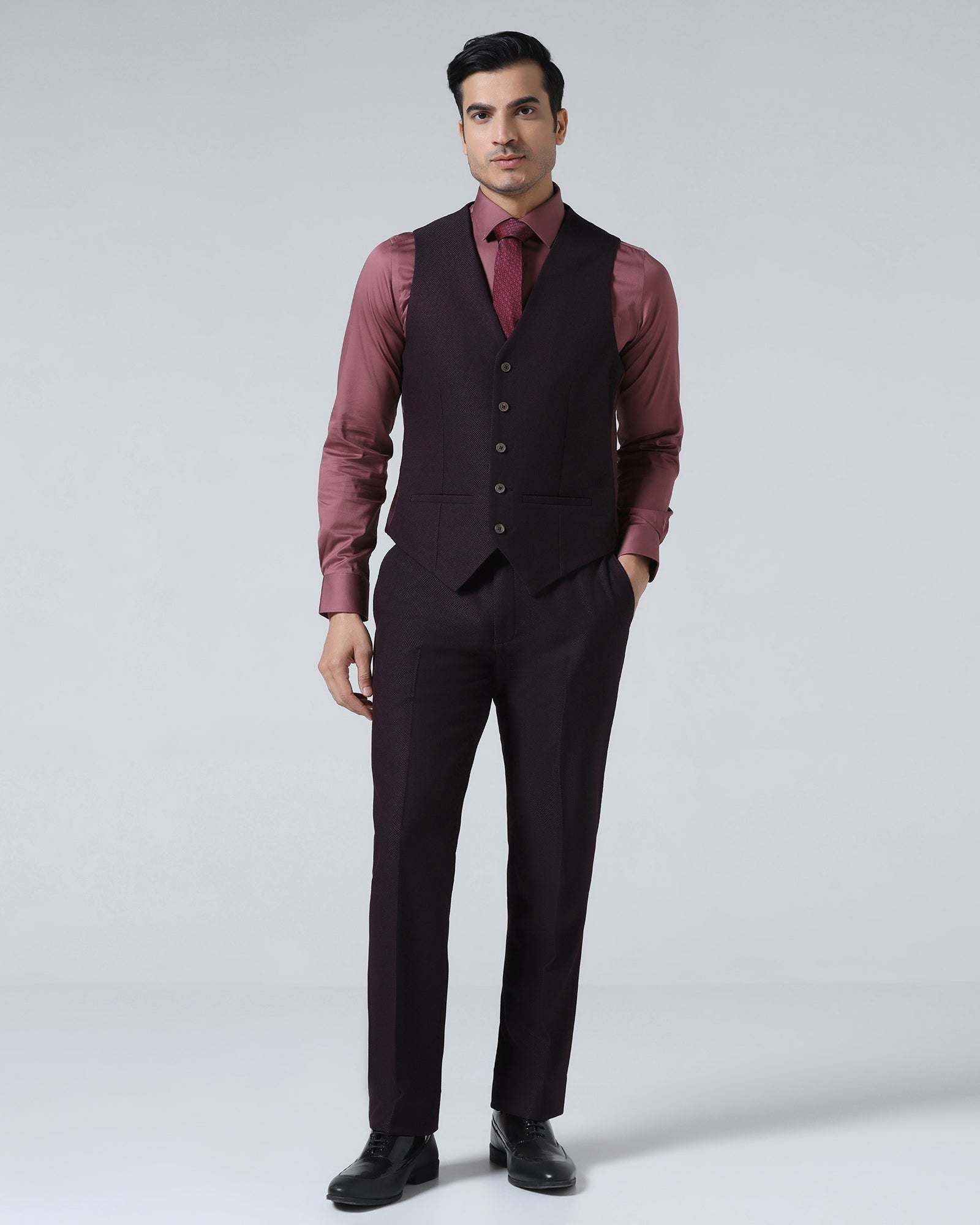 Wine Three Piece Textured Suit - Zeny