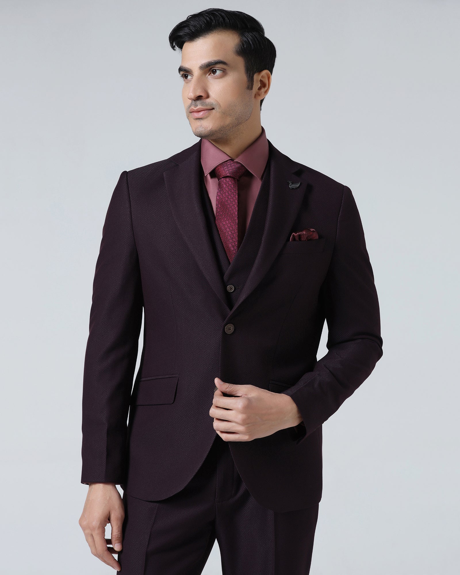 Wine Three Piece Textured Suit - Zeny