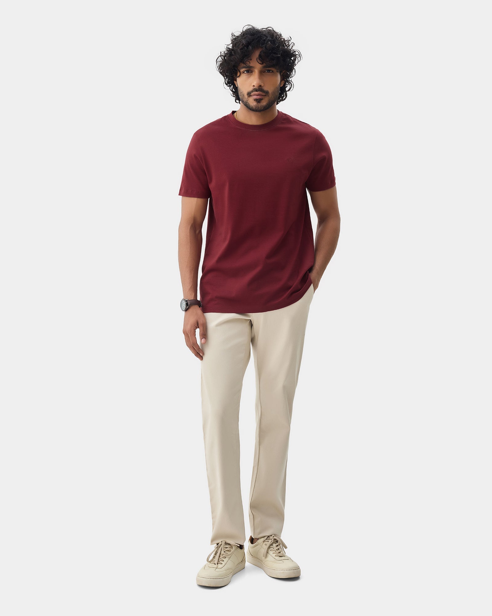 Winery Red Crew Neck Textured T-Shirt - Yamazaki