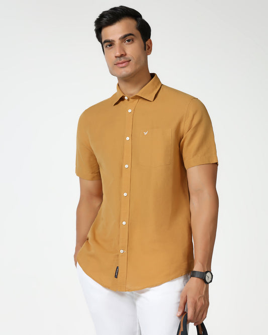 Yellow Half Sleeve Linen Solid Shirt - Salmon