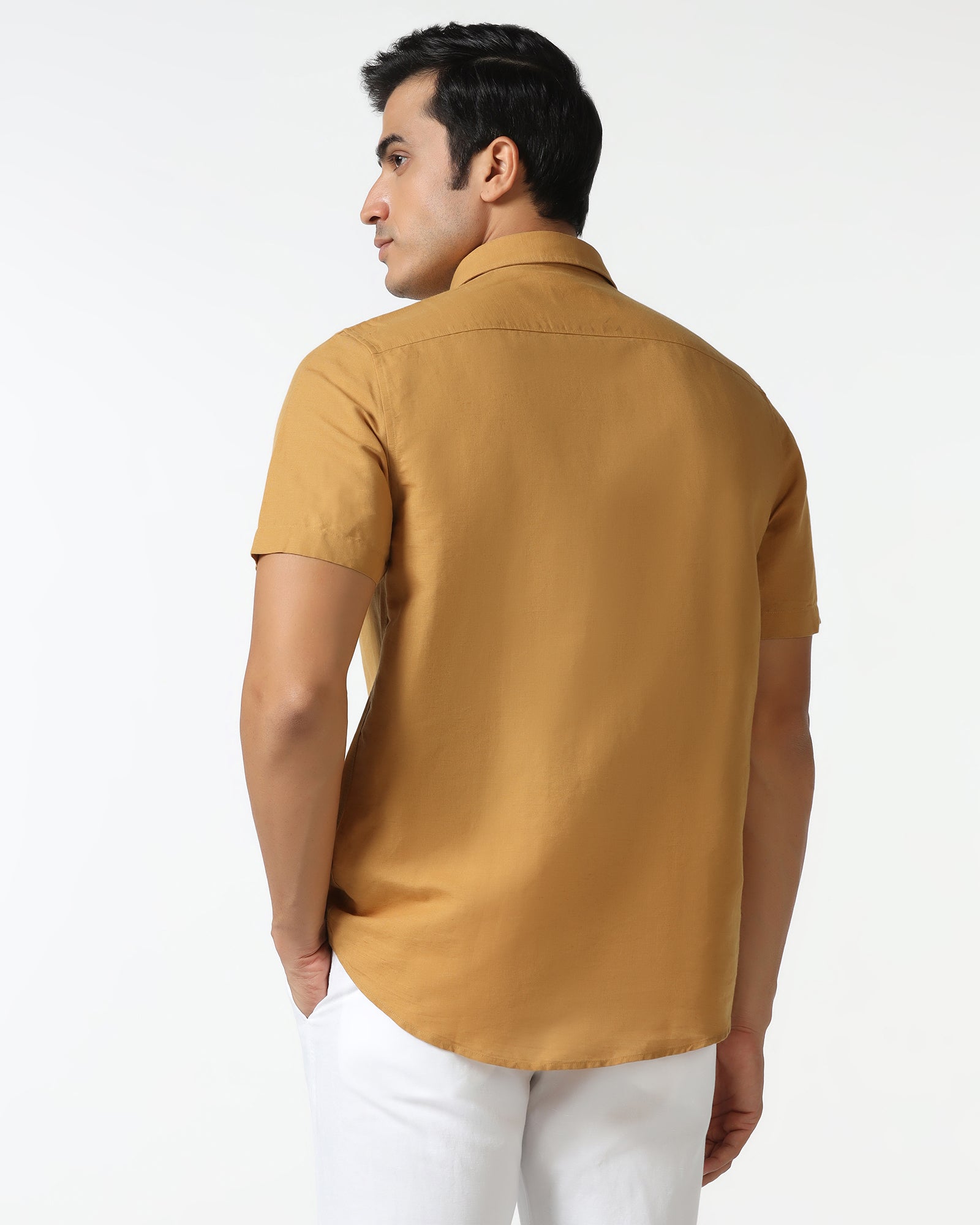 Yellow Half Sleeve Linen Solid Shirt - Salmon