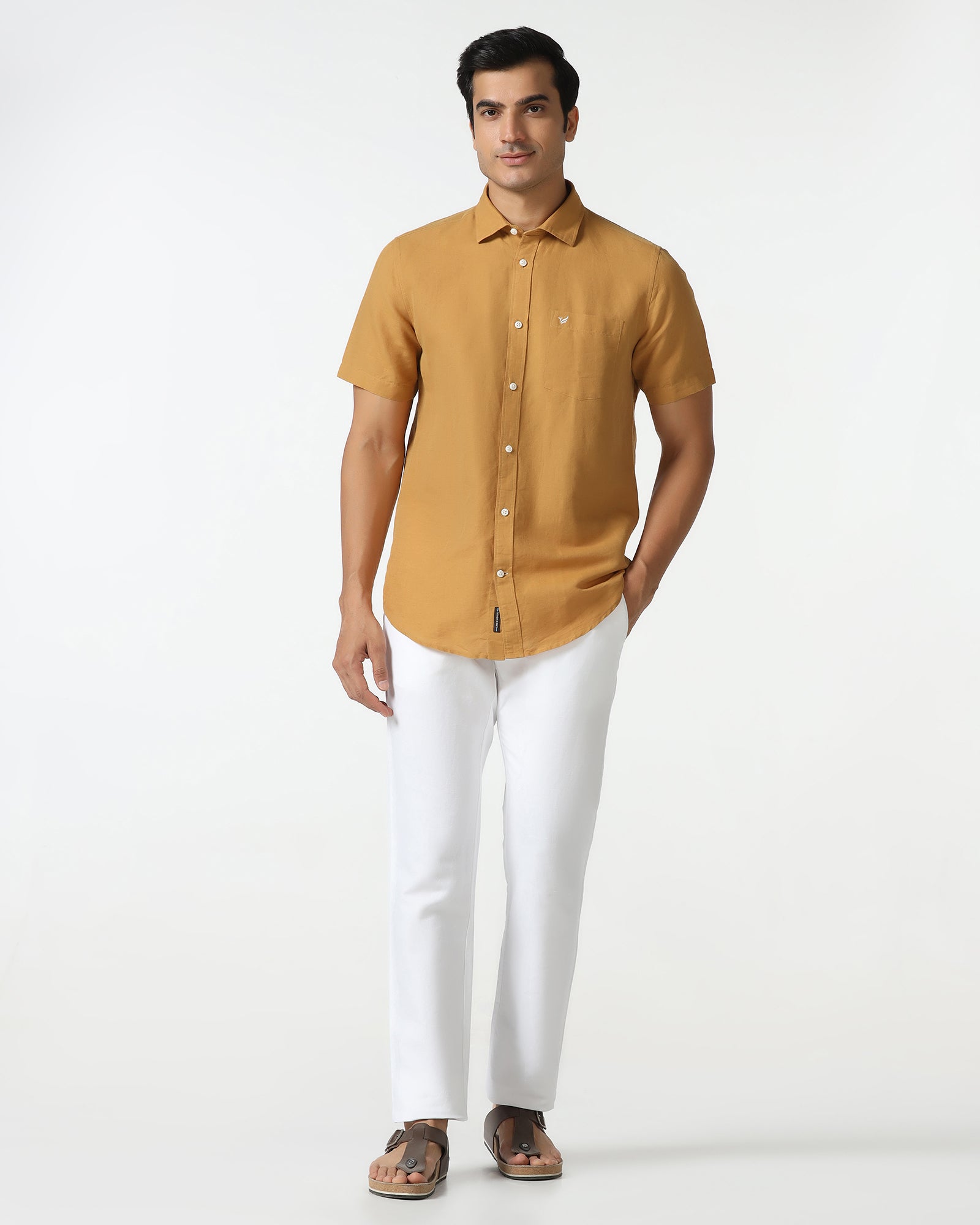 Yellow Half Sleeve Linen Solid Shirt - Salmon