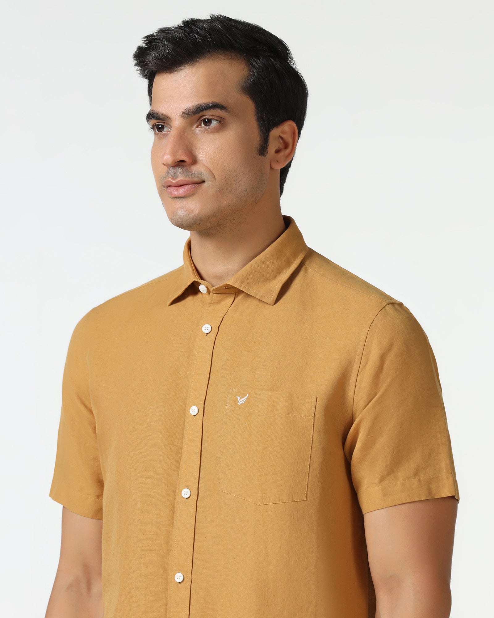 Yellow Half Sleeve Linen Solid Shirt - Salmon