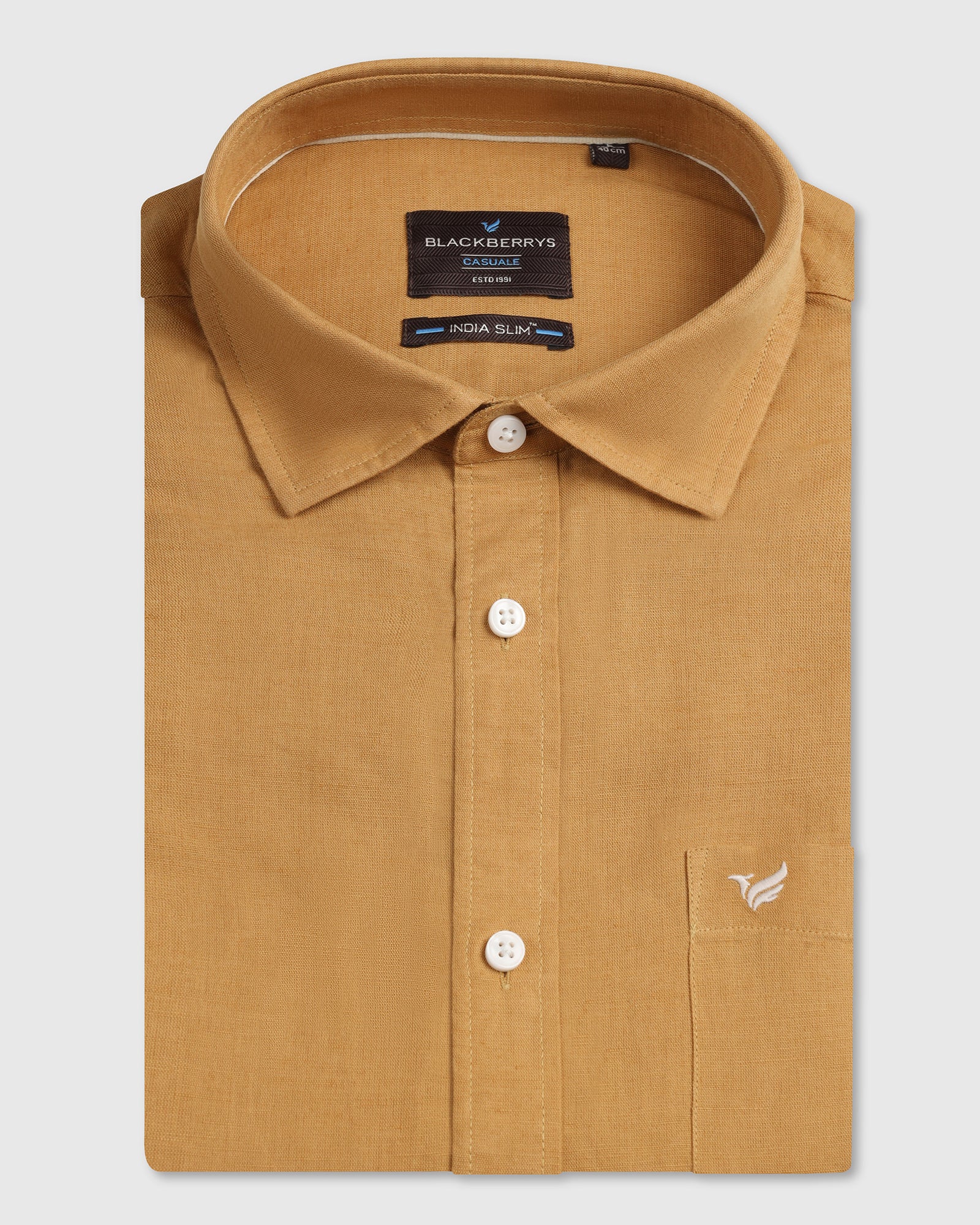Yellow Half Sleeve Linen Solid Shirt - Salmon