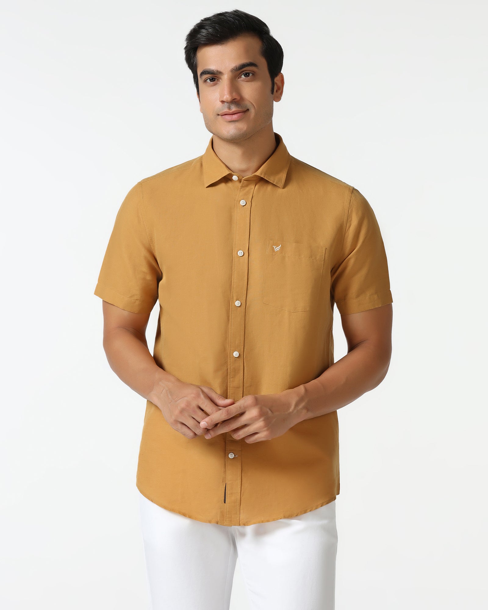 Yellow Half Sleeve Linen Solid Shirt - Salmon