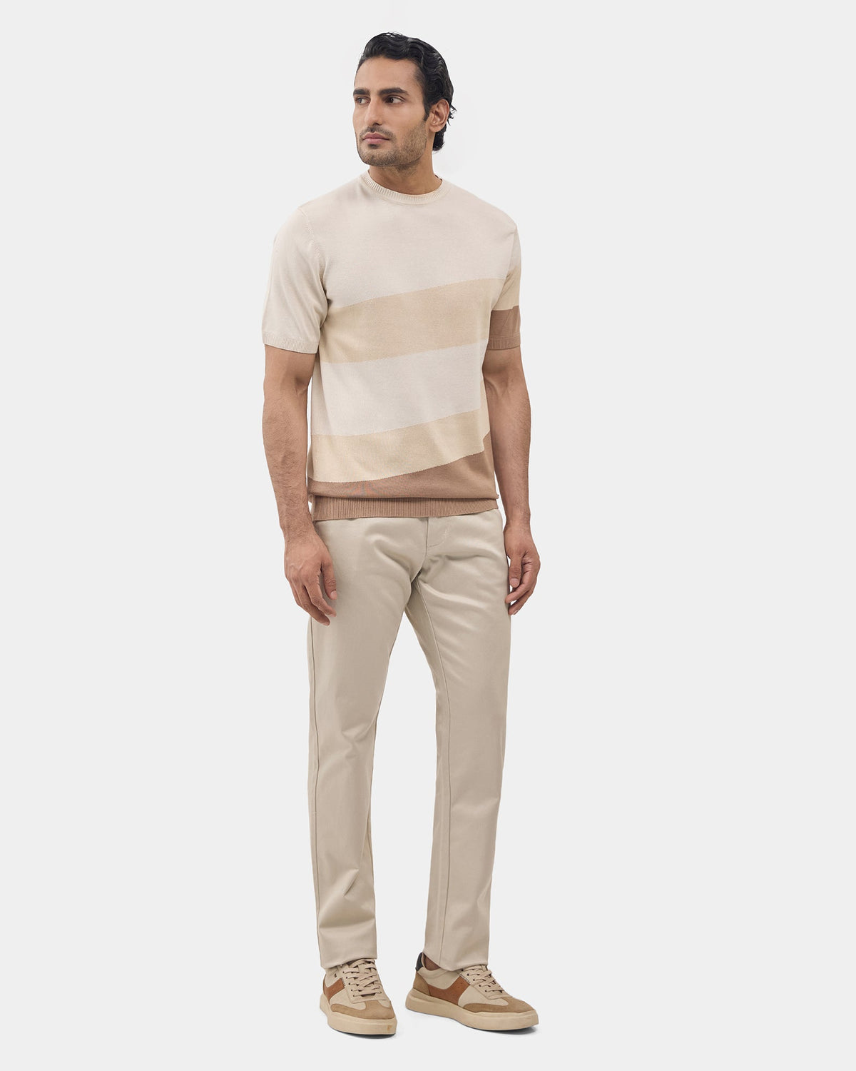 Almond Beige Crew Neck Textured T-Shirt - Tecky