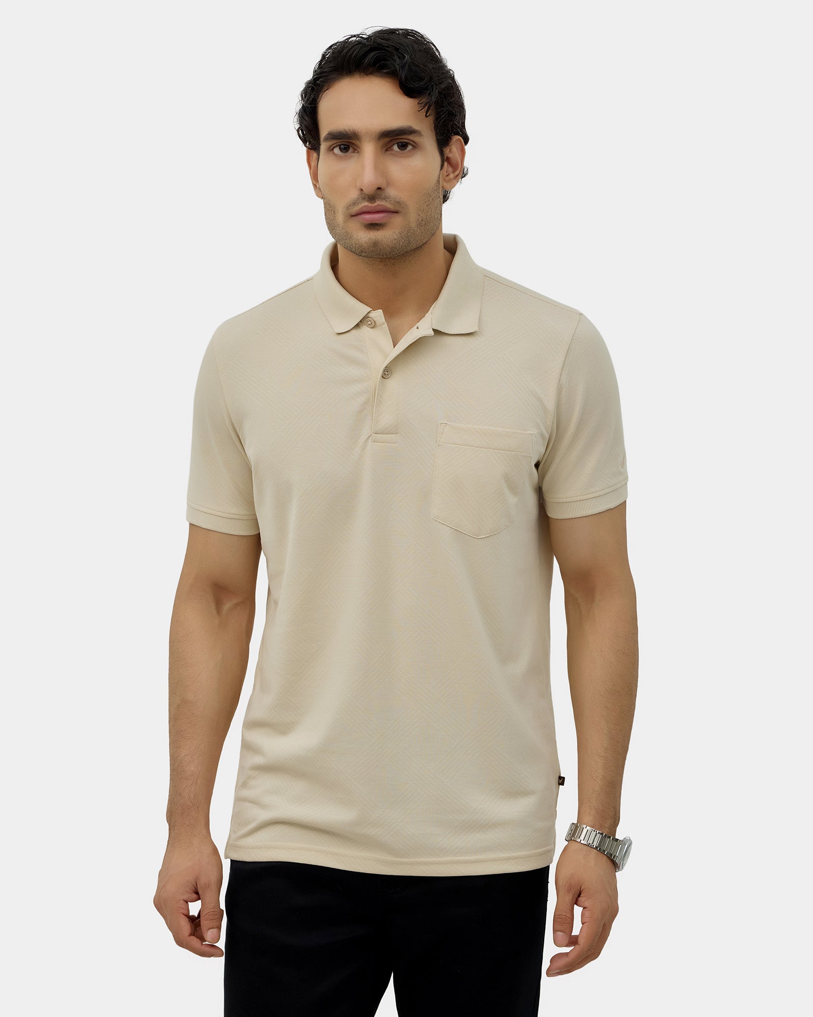Almond Beige Textured Polo - Lina