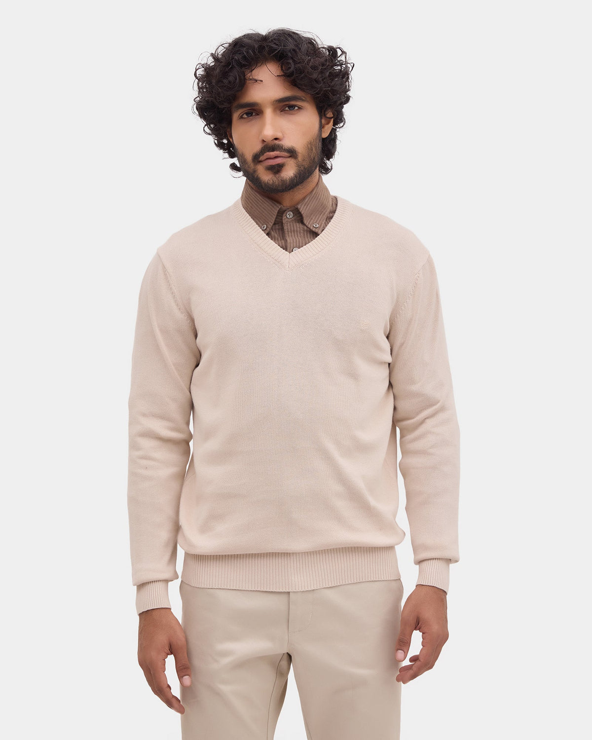 Almond Beige V Neck Solid Sweater - Vneckter