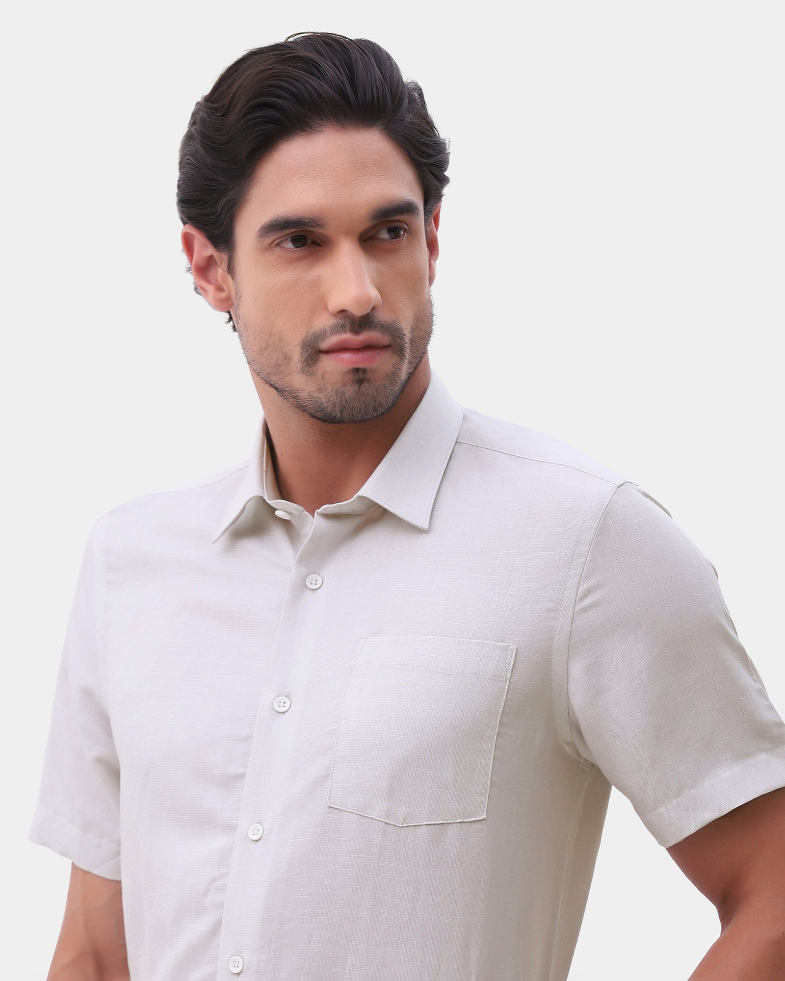 Beige Half Sleeve Linen Textured Shirt - Karter