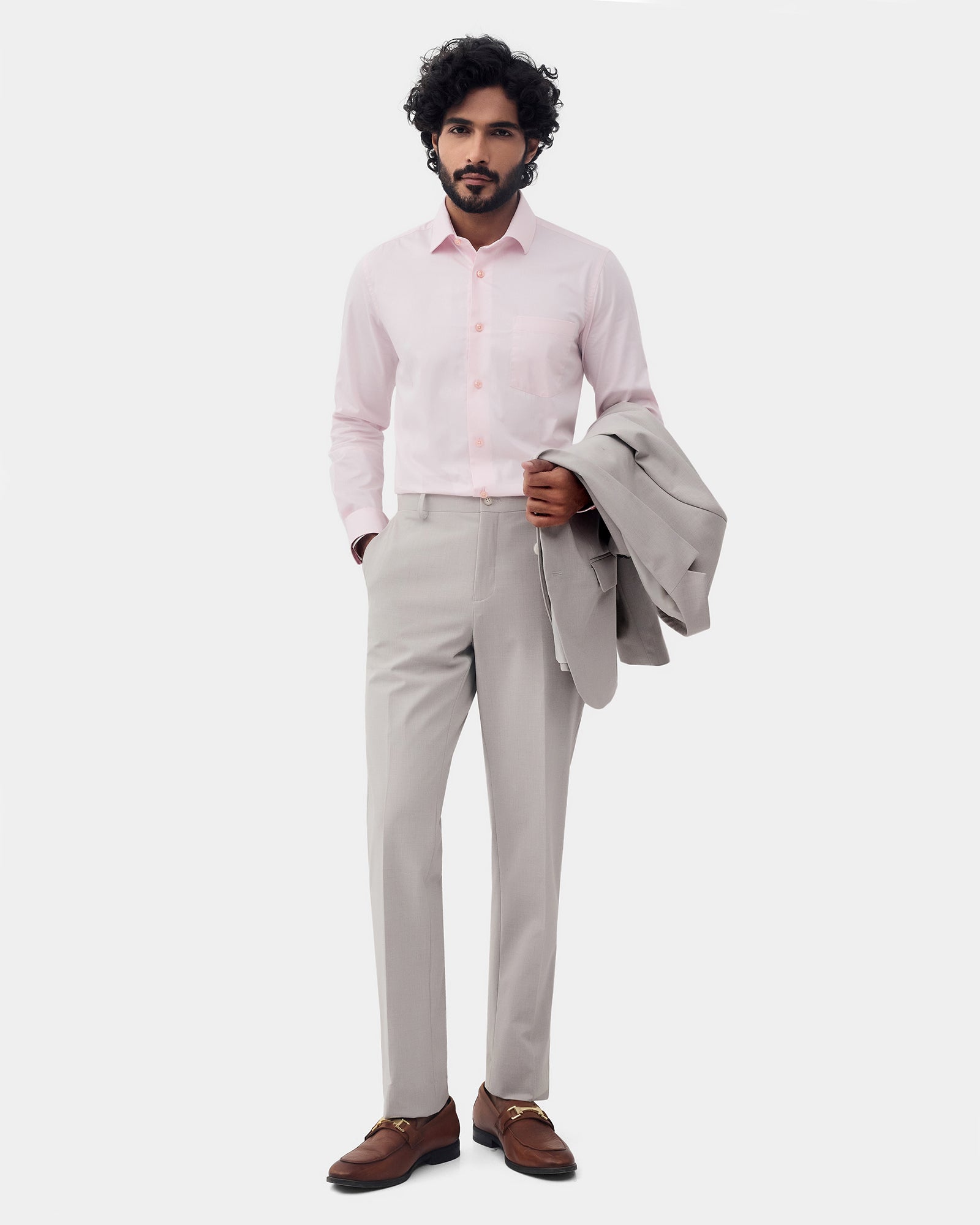 Beige Two Piece Solid Suit - Overon